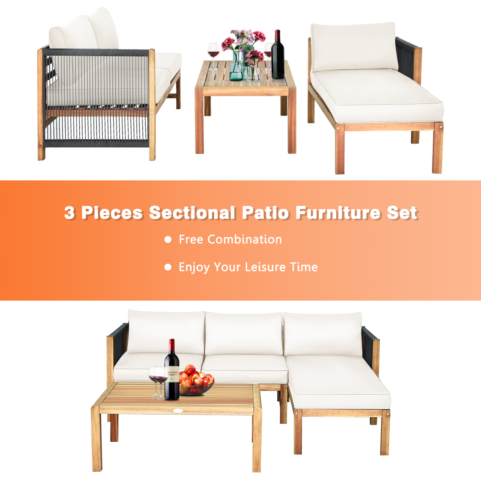 OUTGOO 3 Pieces Patio Acacia Wood Sofa Furniture Set with Nylon Rope Armrest