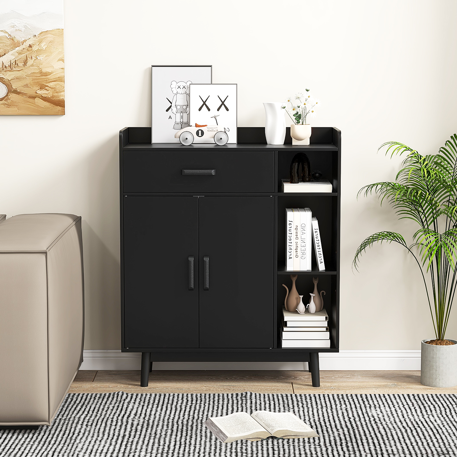 OUTGOO Floor Storage Cabinet Free Standing Cupboard Chest with 1 Drawer for Home, Patio, Outdoor and Everyday Use