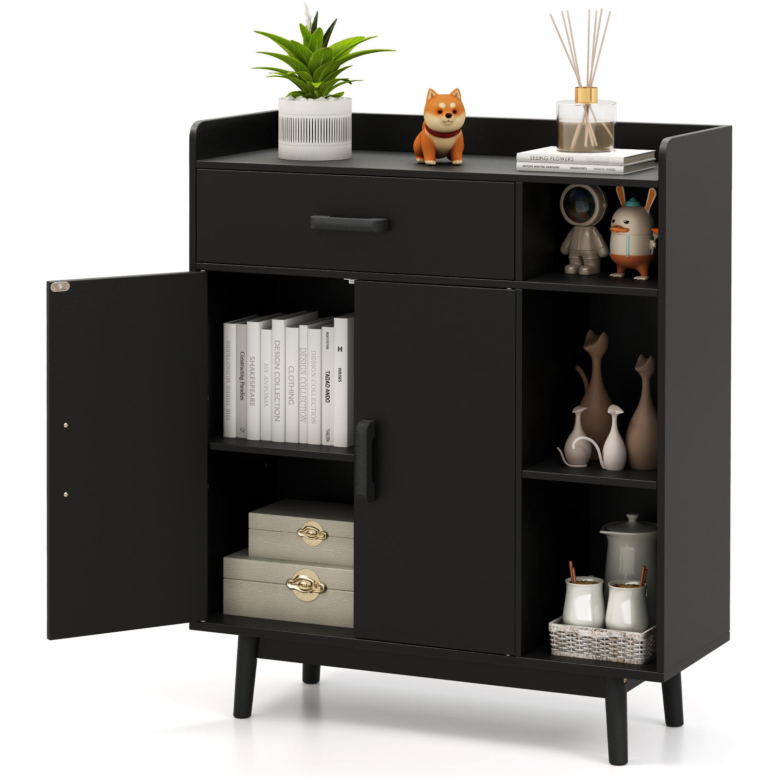 OUTGOO Floor Storage Cabinet Free Standing Cupboard Chest with 1 Drawer for Home, Patio, Outdoor and Everyday Use