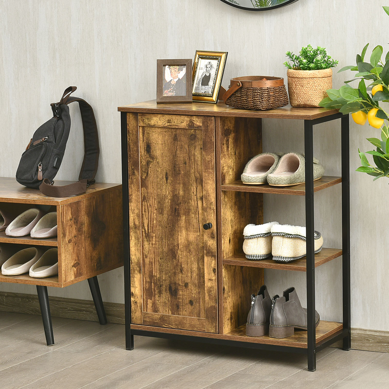 OUTGOO Multipurpose Freestanding Storage Cabinet with 3 Open Shelves and Doors