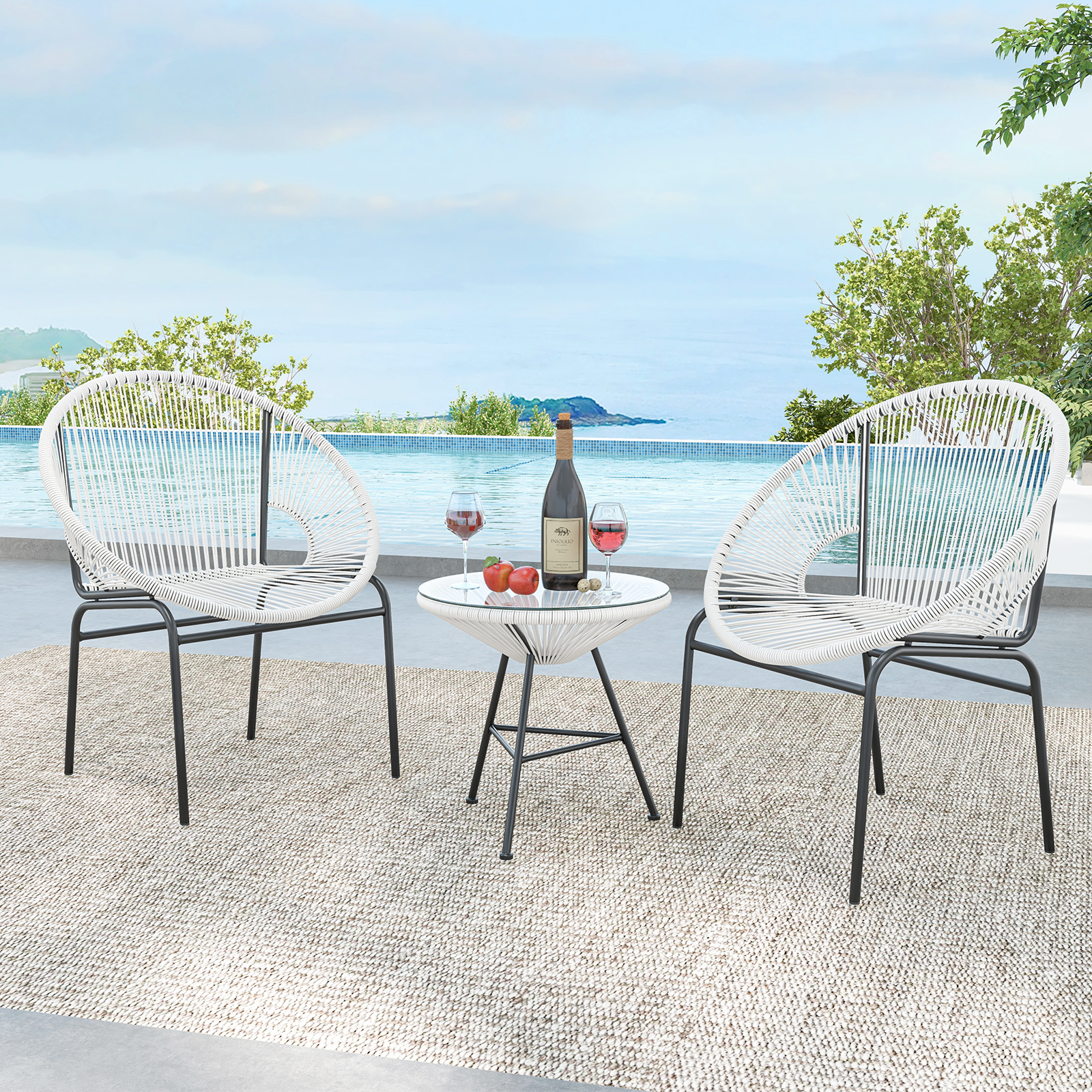 OUTGOO 3 Pieces Patio Acapulco Furniture Bistro Set with Glass Table for Home, Patio, Outdoor and Everyday Use