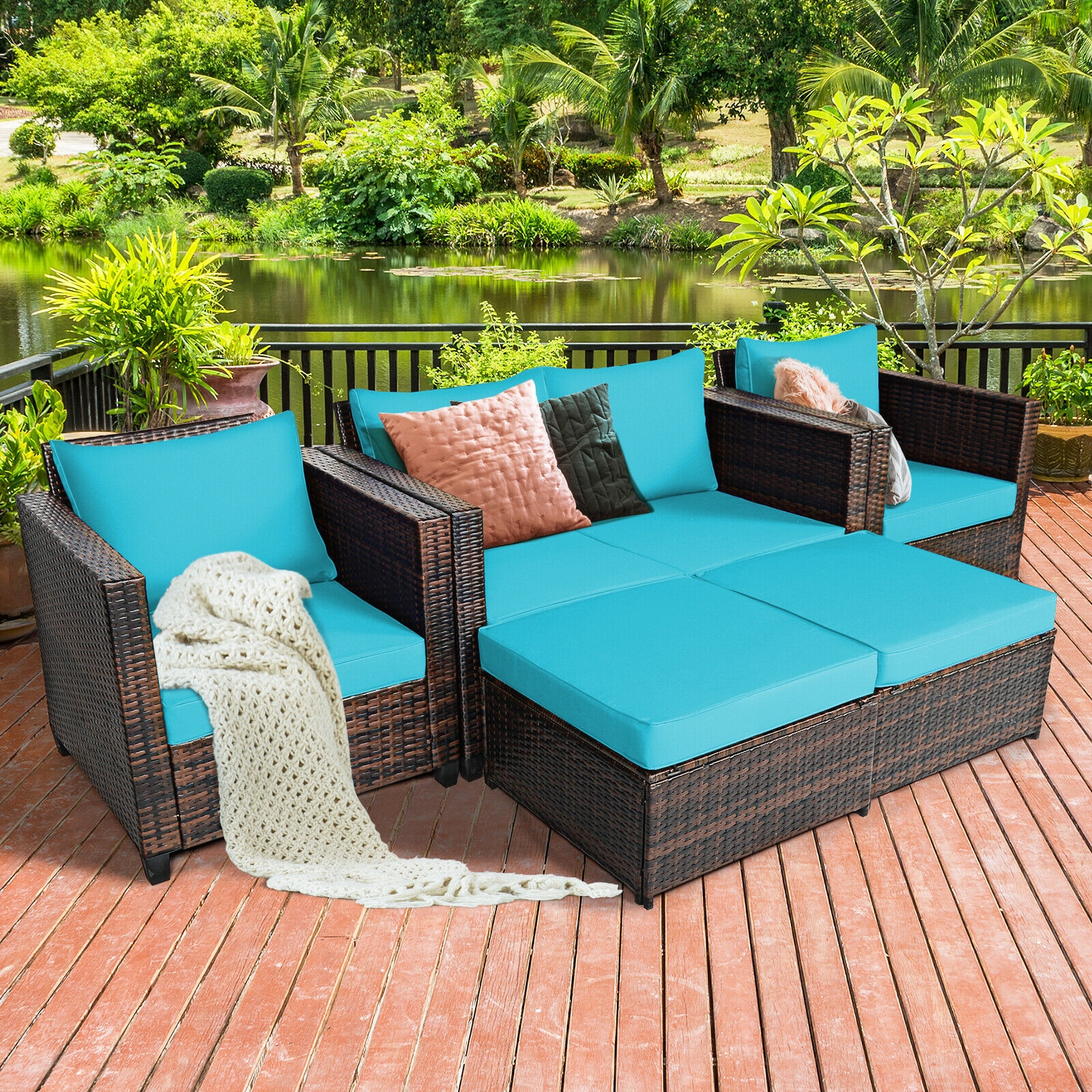 OUTGOO 5 Pieces Patio Rattan Furniture Set with Removable Cushions for Home, Patio, Outdoor and Everyday Use