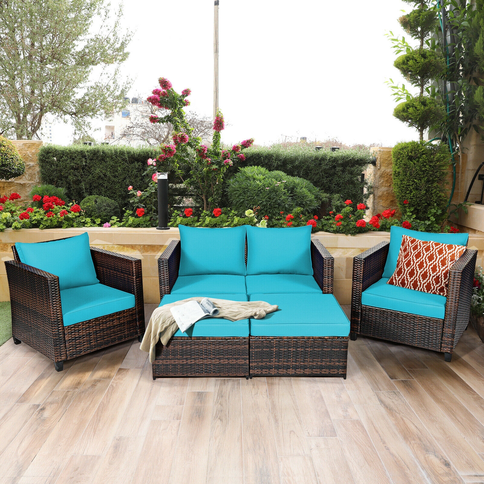 OUTGOO 5 Pieces Patio Rattan Furniture Set with Removable Cushions for Home, Patio, Outdoor and Everyday Use