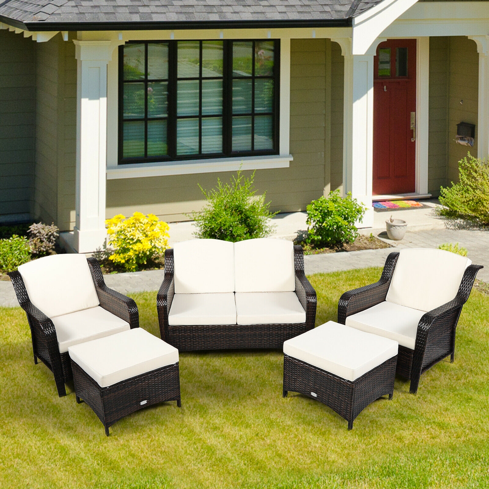 OUTGOO 5 Pieces Patio Rattan Sofa Set with Cushion and Ottoman for Home, Patio, Outdoor and Everyday Use
