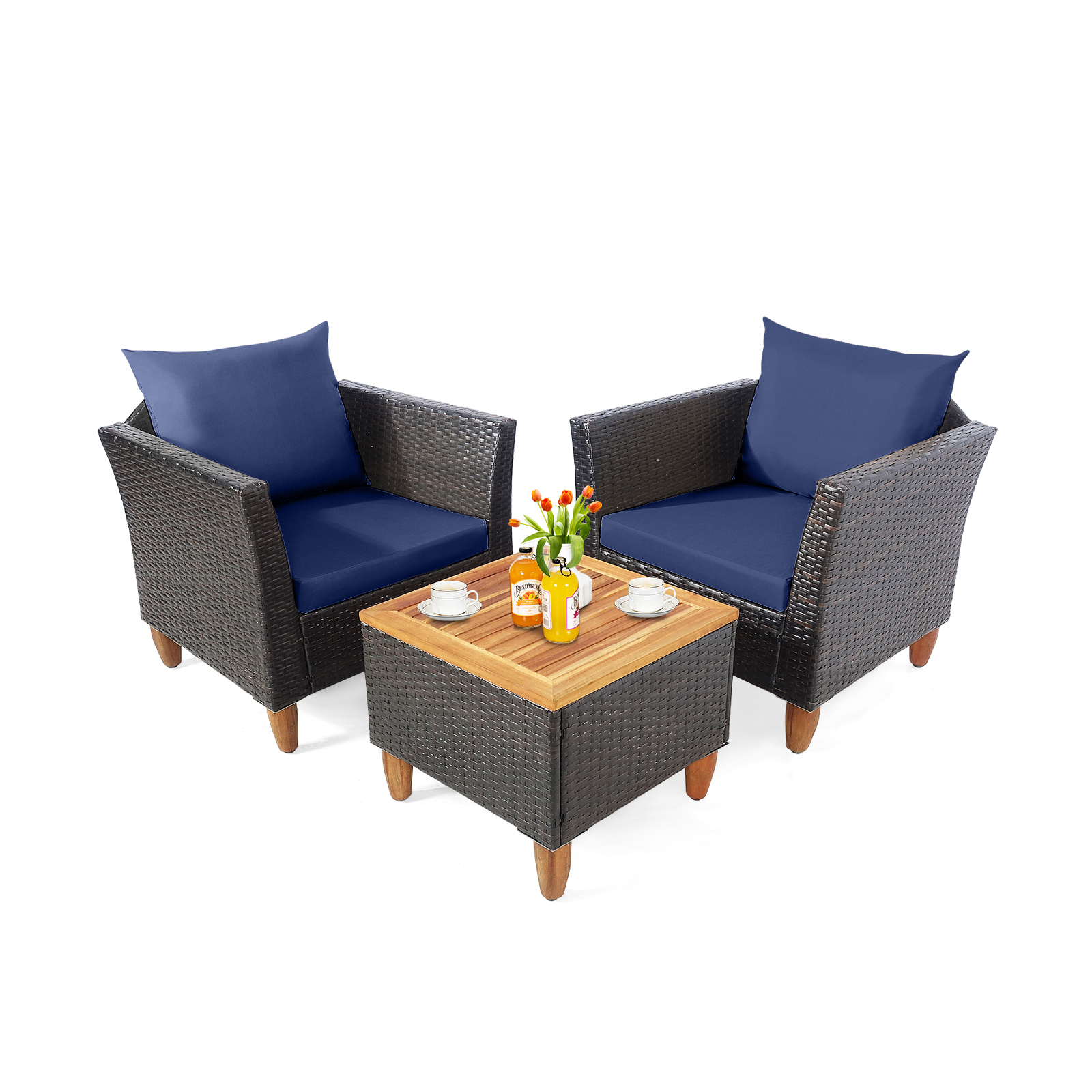 OUTGOO 3 Pieces Patio Rattan Bistro Furniture Set with Wooden Table Top for Home, Patio, Outdoor and Everyday Use