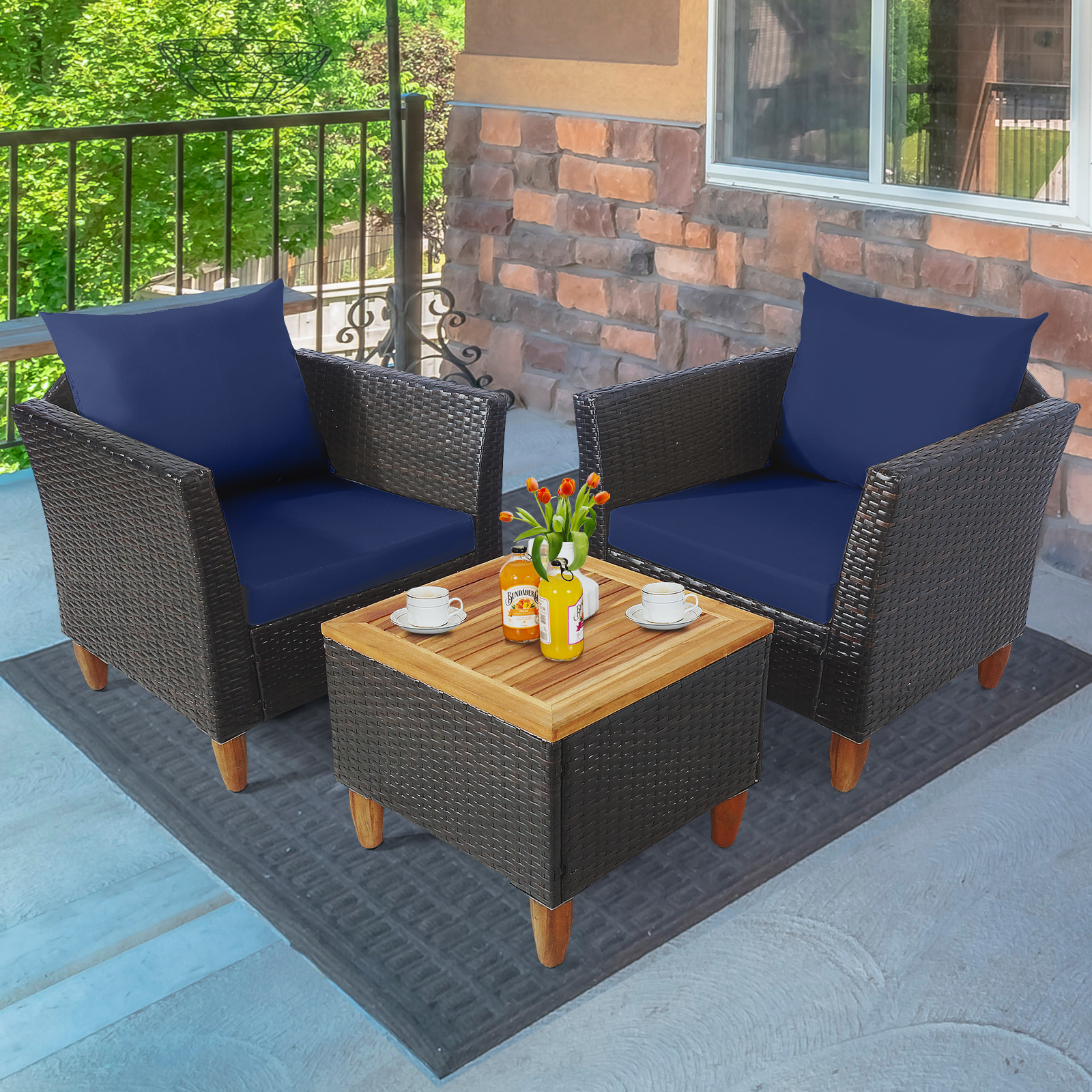 OUTGOO 3 Pieces Patio Rattan Bistro Furniture Set with Wooden Table Top for Home, Patio, Outdoor and Everyday Use