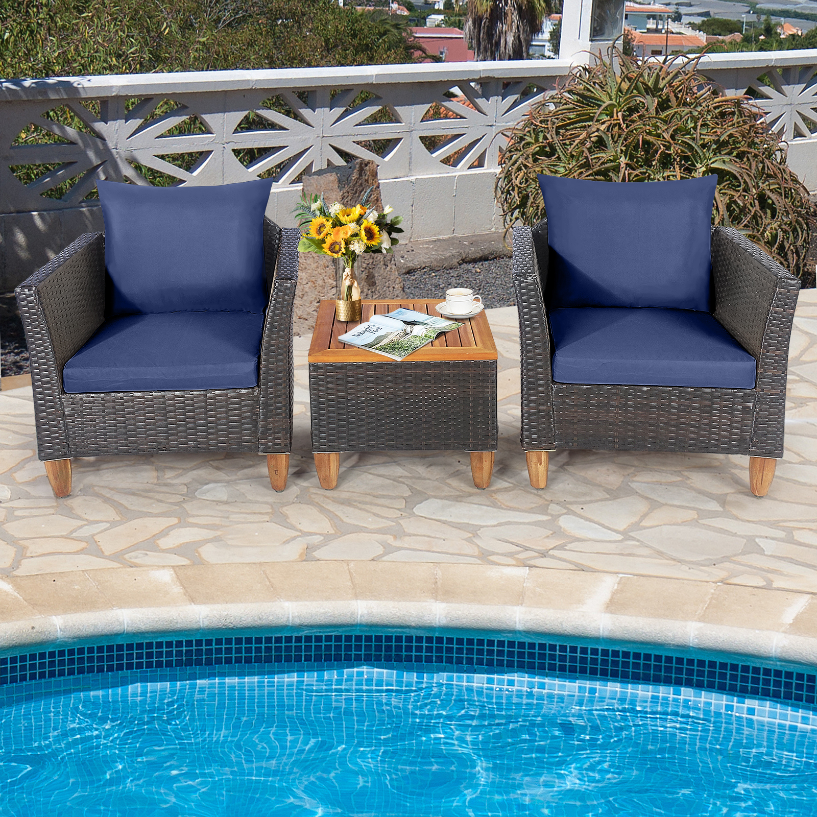 OUTGOO 3 Pieces Patio Rattan Bistro Furniture Set with Wooden Table Top for Home, Patio, Outdoor and Everyday Use