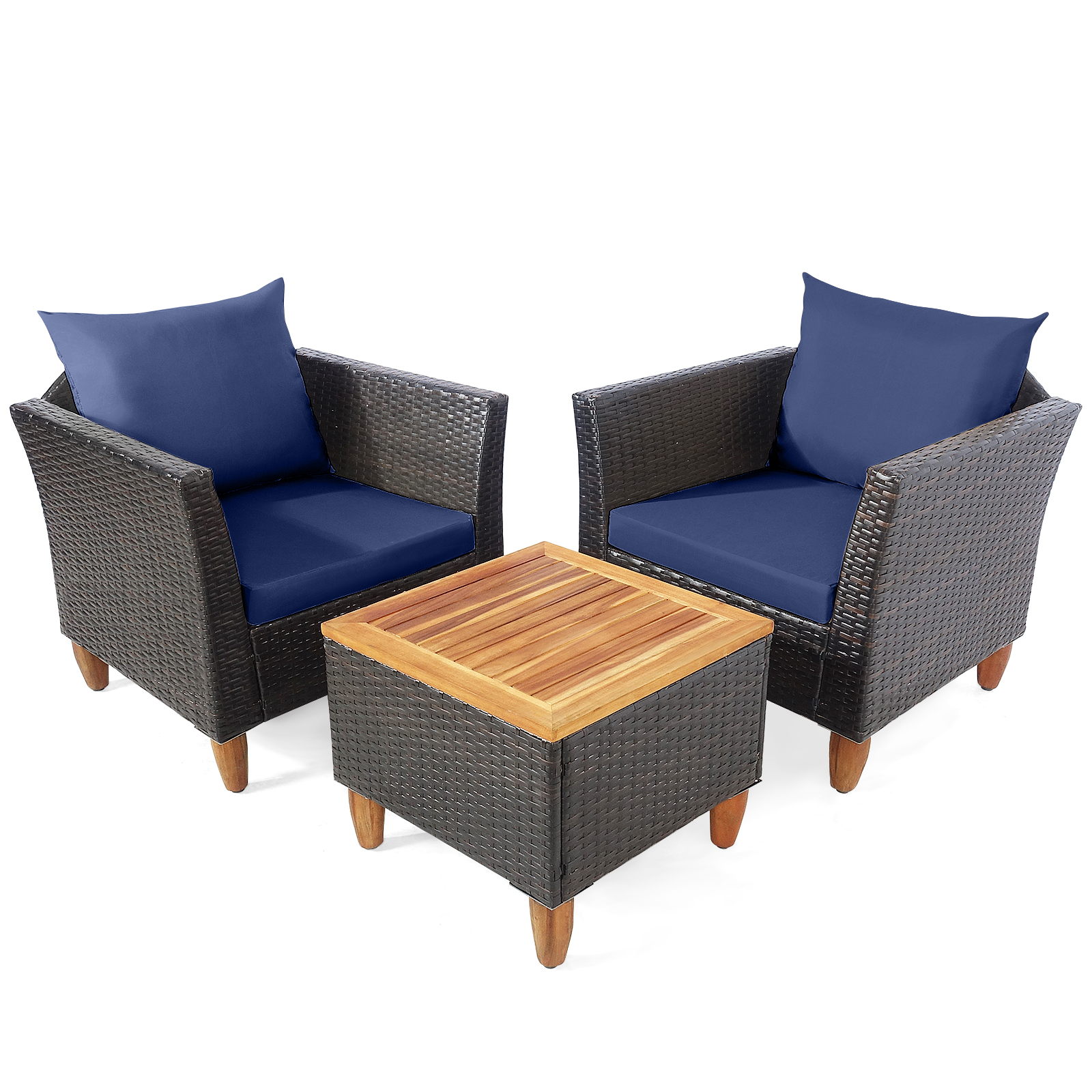 OUTGOO 3 Pieces Patio Rattan Bistro Furniture Set with Wooden Table Top for Home, Patio, Outdoor and Everyday Use