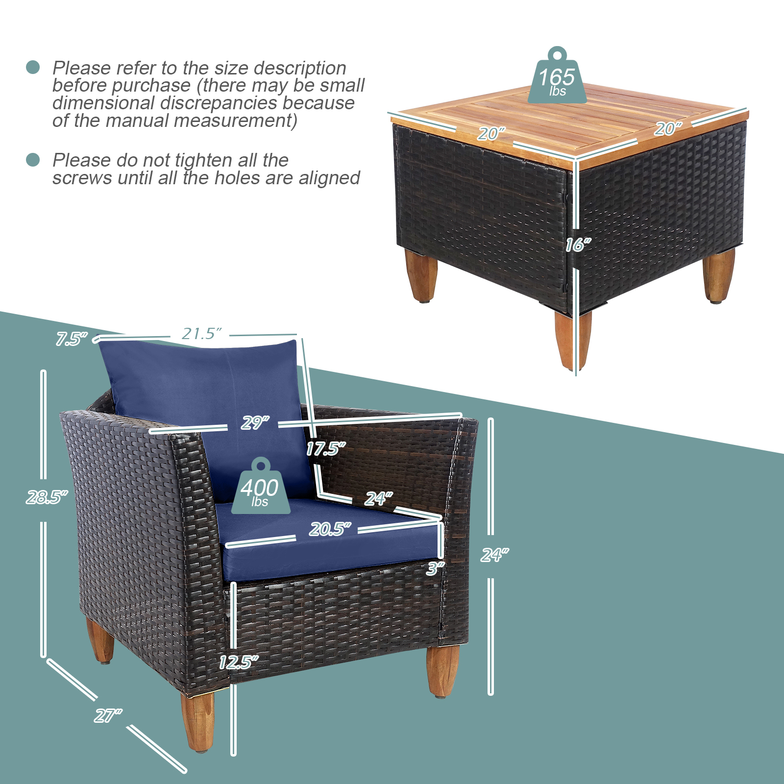 OUTGOO 3 Pieces Patio Rattan Bistro Furniture Set with Wooden Table Top for Home, Patio, Outdoor and Everyday Use