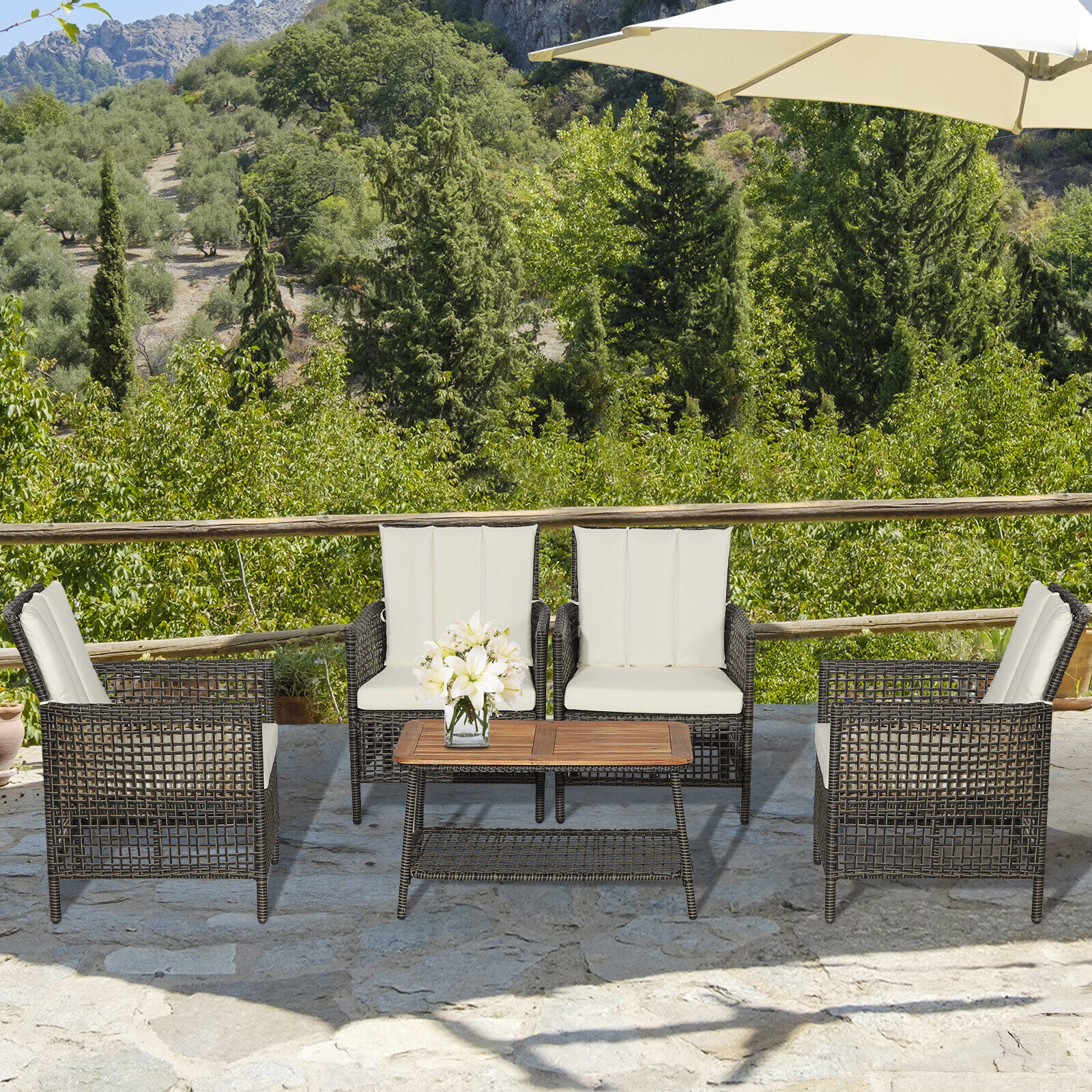OUTGOO 5 Pieces Patio Rattan Furniture Set Cushioned Sofa Armrest Wooden Tabletop