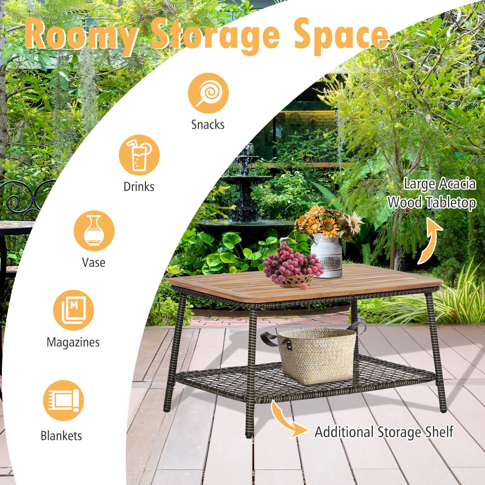 OUTGOO 5 Pieces Patio Rattan Furniture Set Cushioned Sofa Armrest Wooden Tabletop