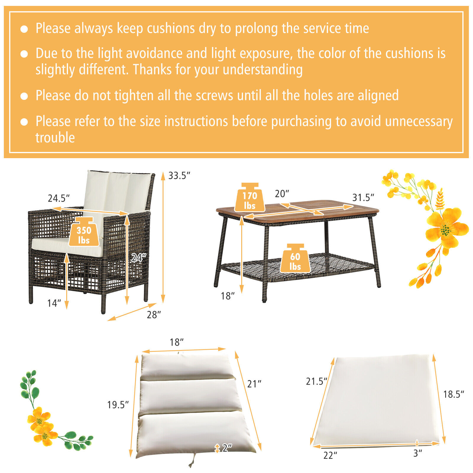 OUTGOO 5 Pieces Patio Rattan Furniture Set Cushioned Sofa Armrest Wooden Tabletop