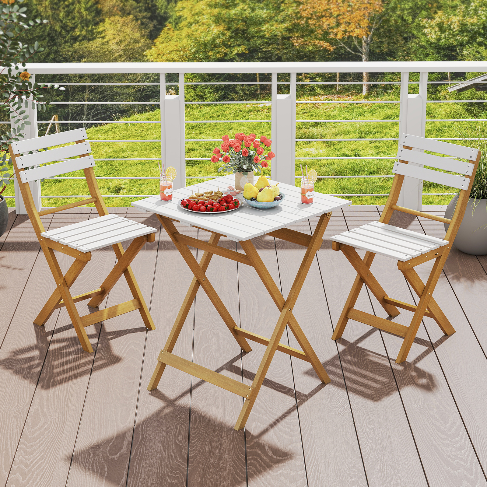 OUTGOO 3 Piece Folding Patio Bistro Set with Foldable Design Acacia Wood Porch Chairs and Square Table
