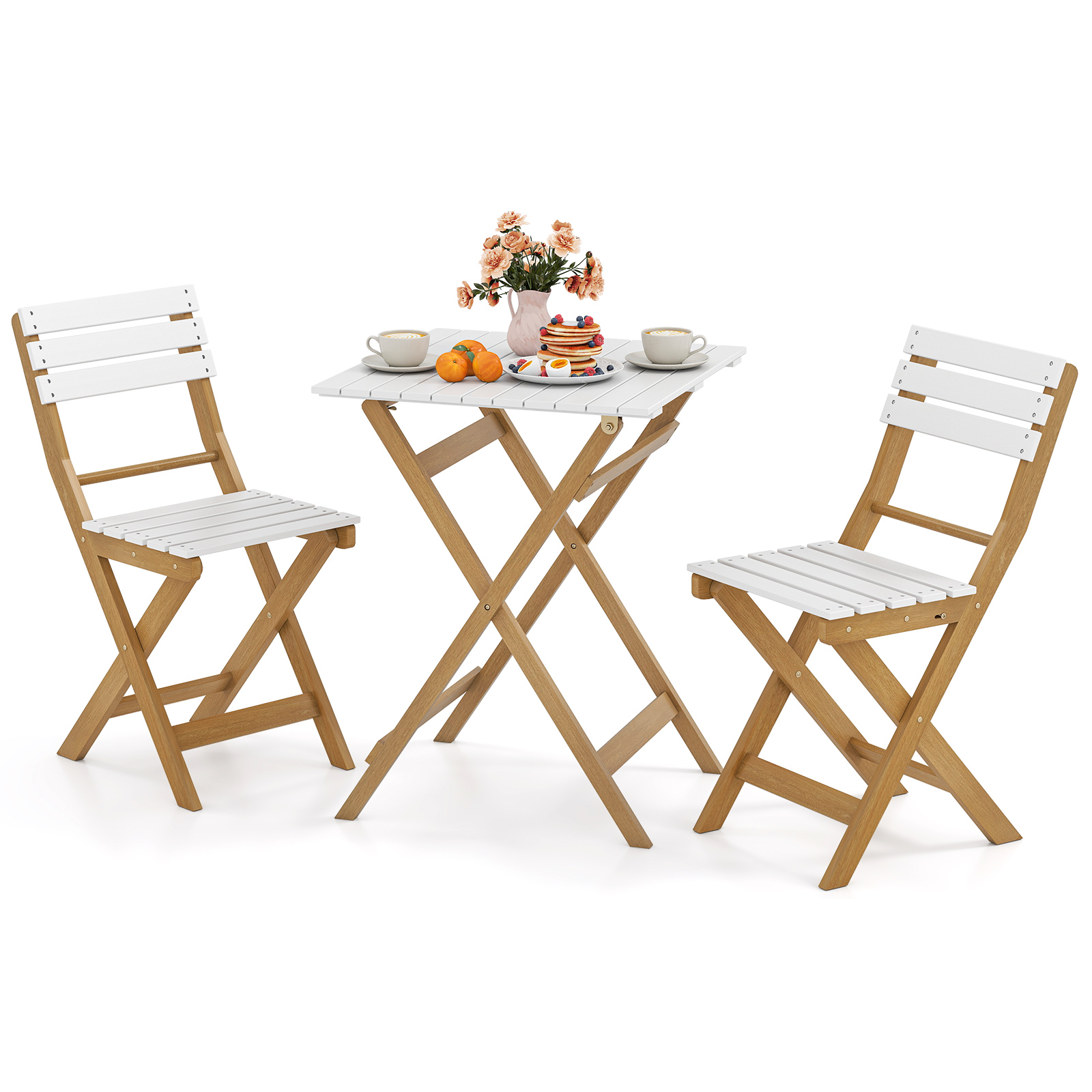OUTGOO 3 Piece Folding Patio Bistro Set with Foldable Design Acacia Wood Porch Chairs and Square Table