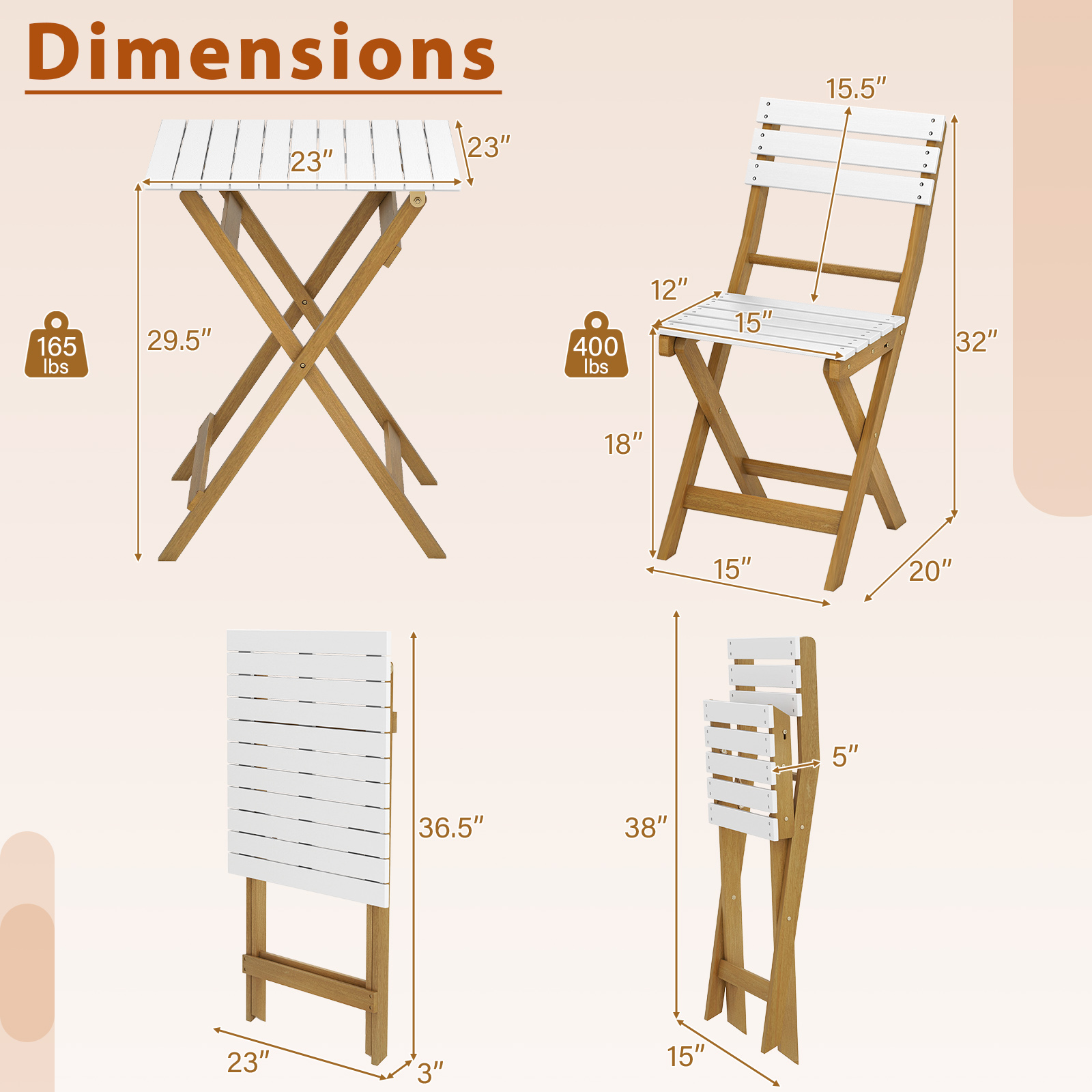 OUTGOO 3 Piece Folding Patio Bistro Set with Foldable Design Acacia Wood Porch Chairs and Square Table