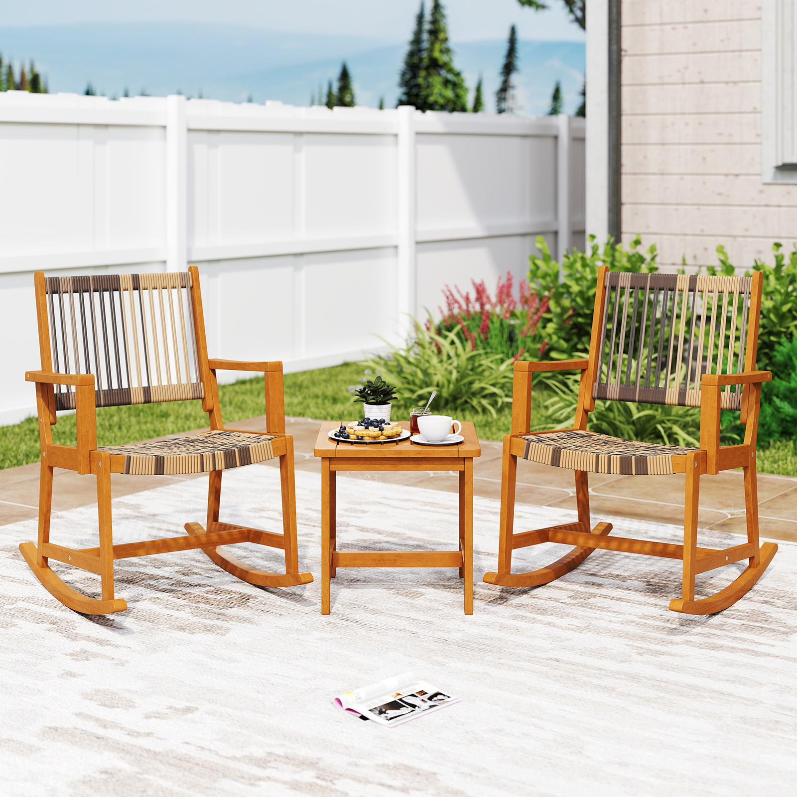 OUTGOO 3 Piece Patio Rocking Set Acacia Wood Rocker Bistro Set with Rattan Seat and Back