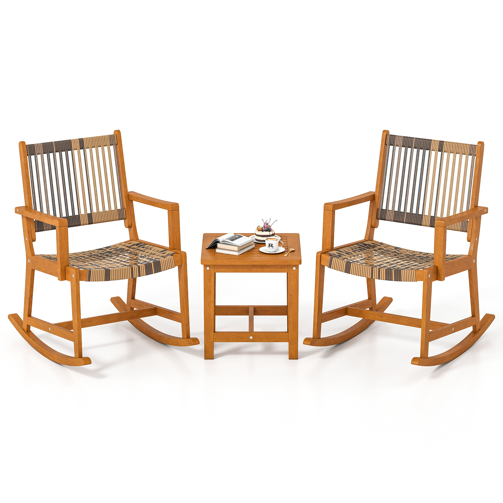 OUTGOO 3 Piece Patio Rocking Set Acacia Wood Rocker Bistro Set with Rattan Seat and Back