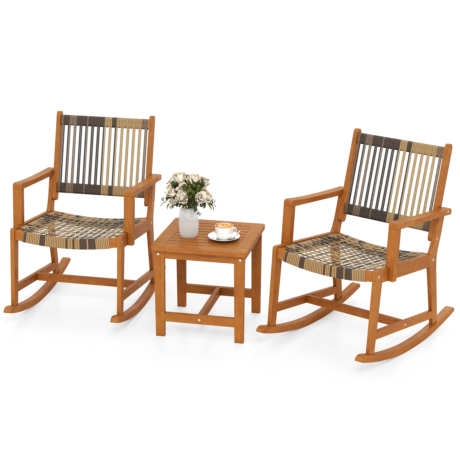 OUTGOO 3 Piece Patio Rocking Set Acacia Wood Rocker Bistro Set with Rattan Seat and Back