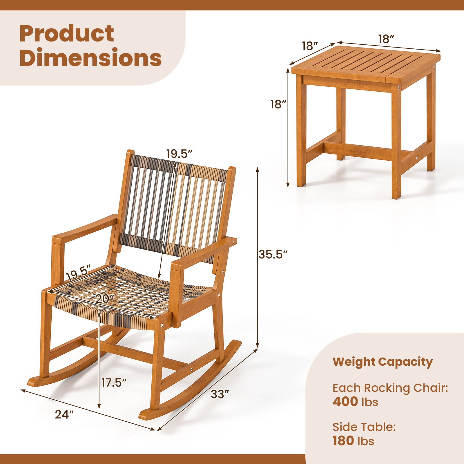 OUTGOO 3 Piece Patio Rocking Set Acacia Wood Rocker Bistro Set with Rattan Seat and Back