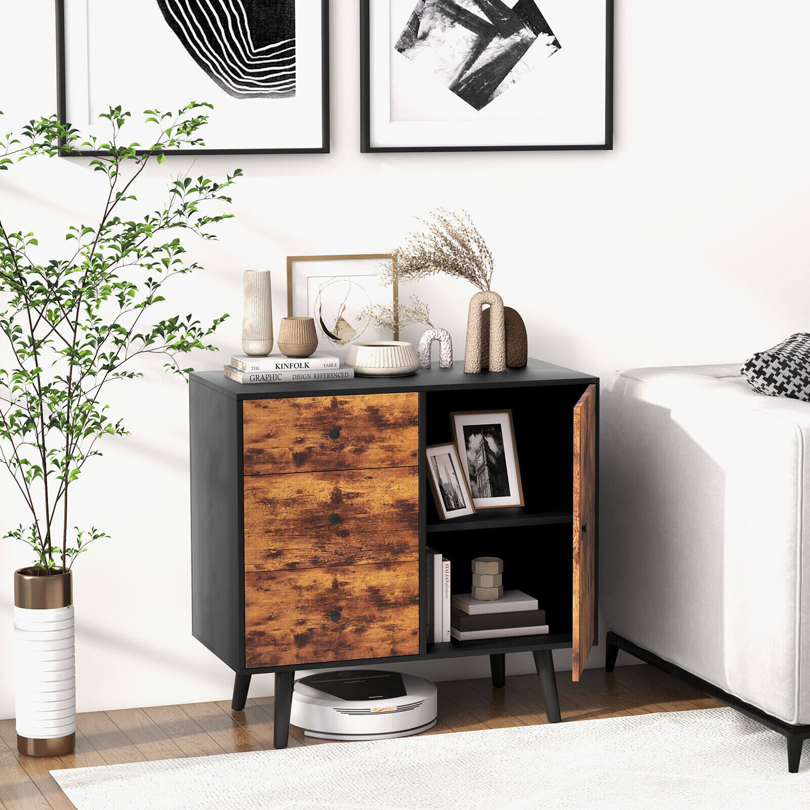OUTGOO Mid-Century Wood Storage Cabinet with Door and 3 Drawers for Home, Patio, Outdoor and Everyday Use