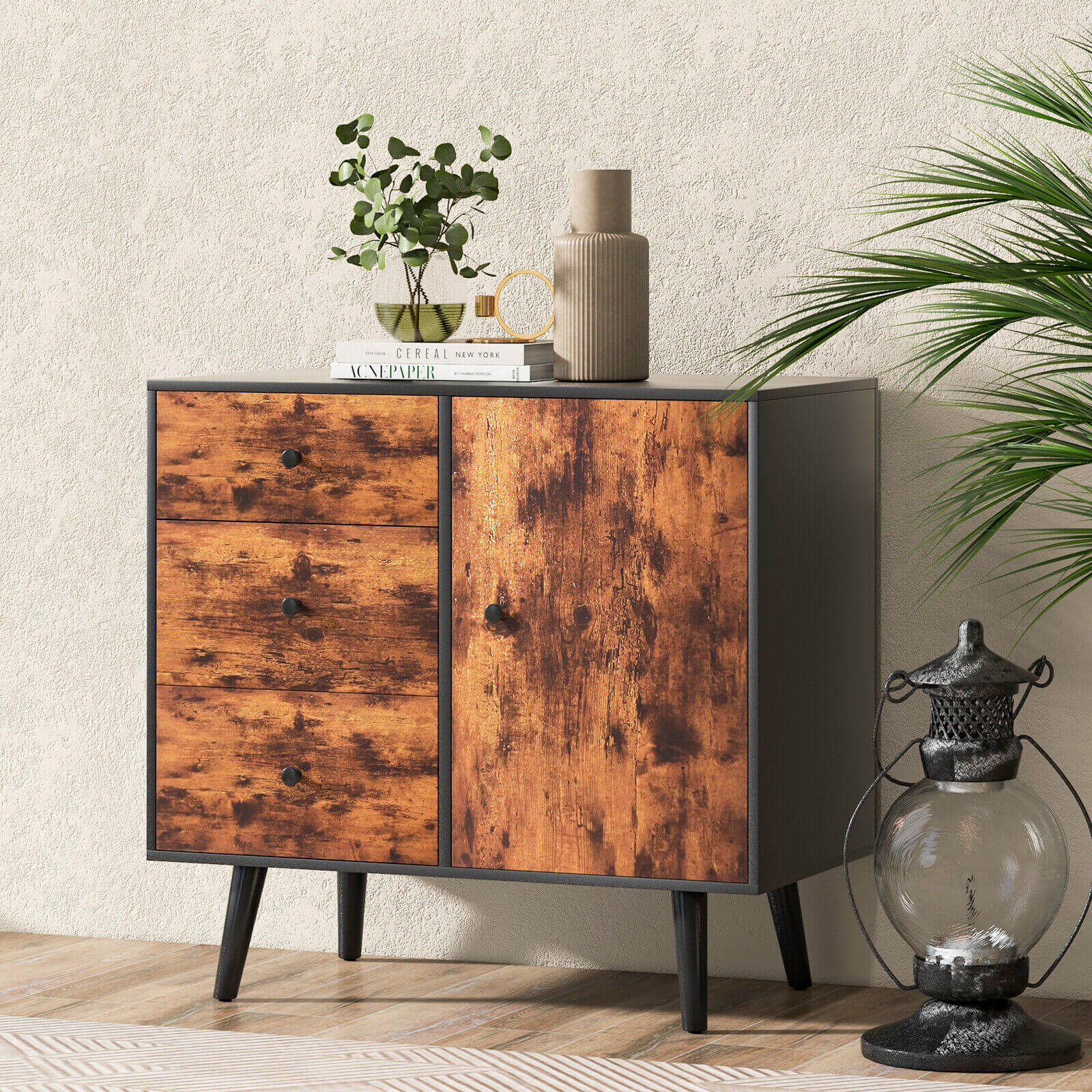 OUTGOO Mid-Century Wood Storage Cabinet with Door and 3 Drawers for Home, Patio, Outdoor and Everyday Use