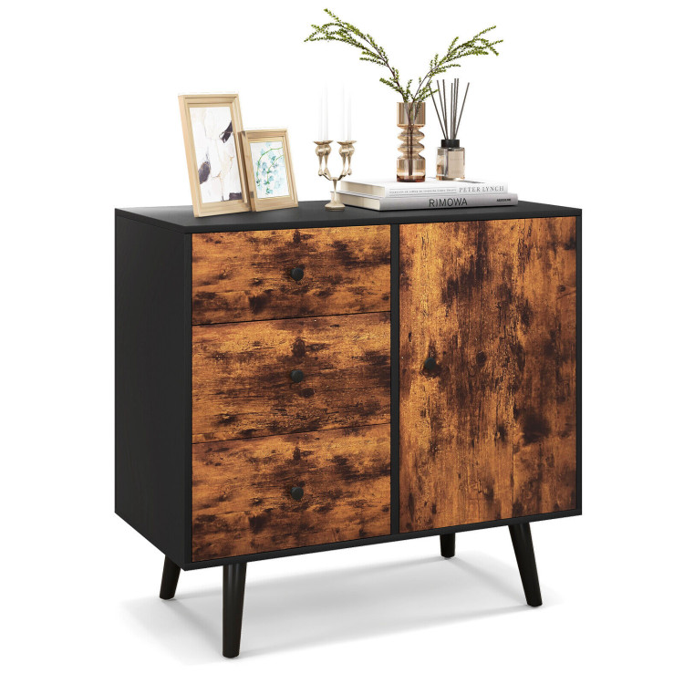 OUTGOO Mid-Century Wood Storage Cabinet with Door and 3 Drawers for Home, Patio, Outdoor and Everyday Use