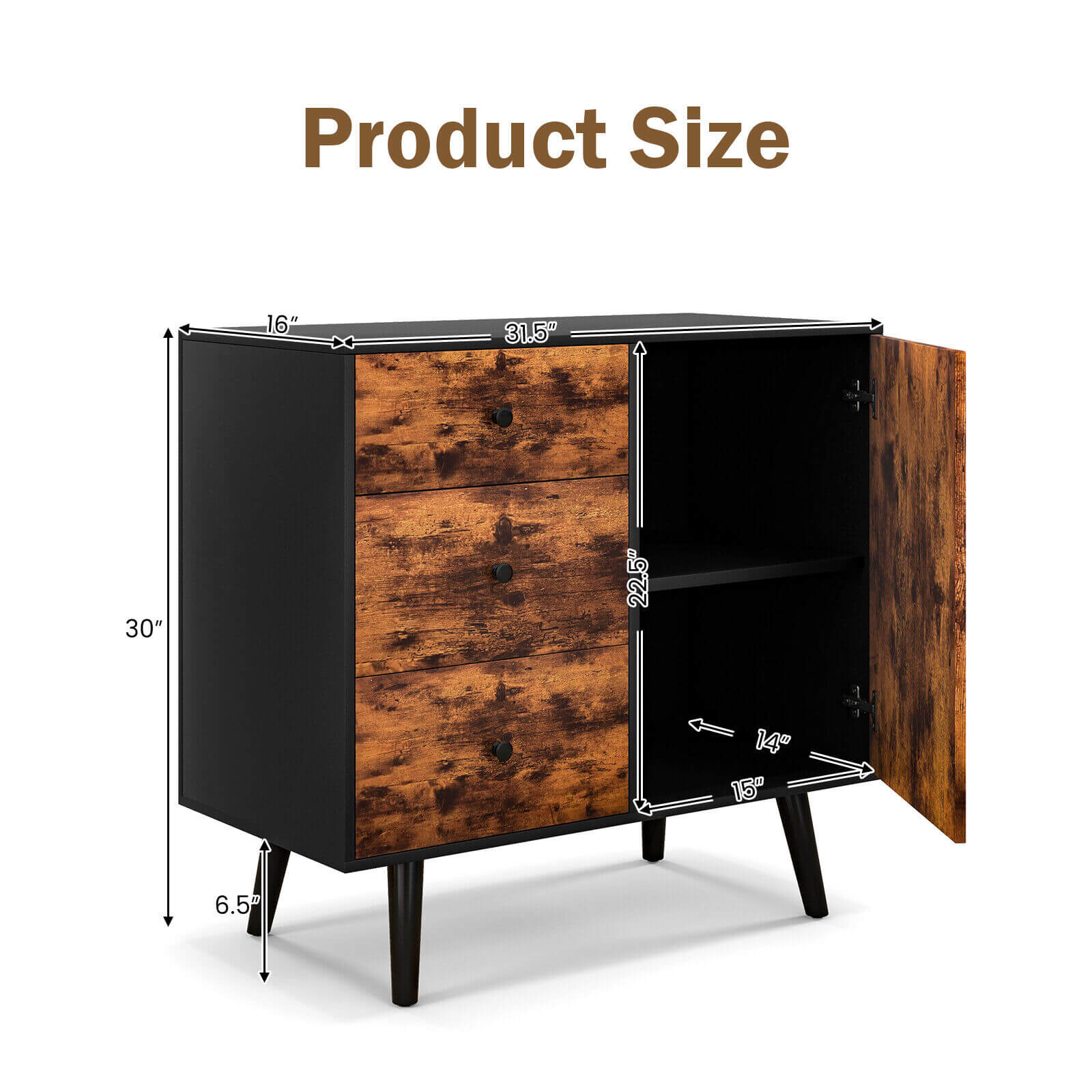 OUTGOO Mid-Century Wood Storage Cabinet with Door and 3 Drawers for Home, Patio, Outdoor and Everyday Use