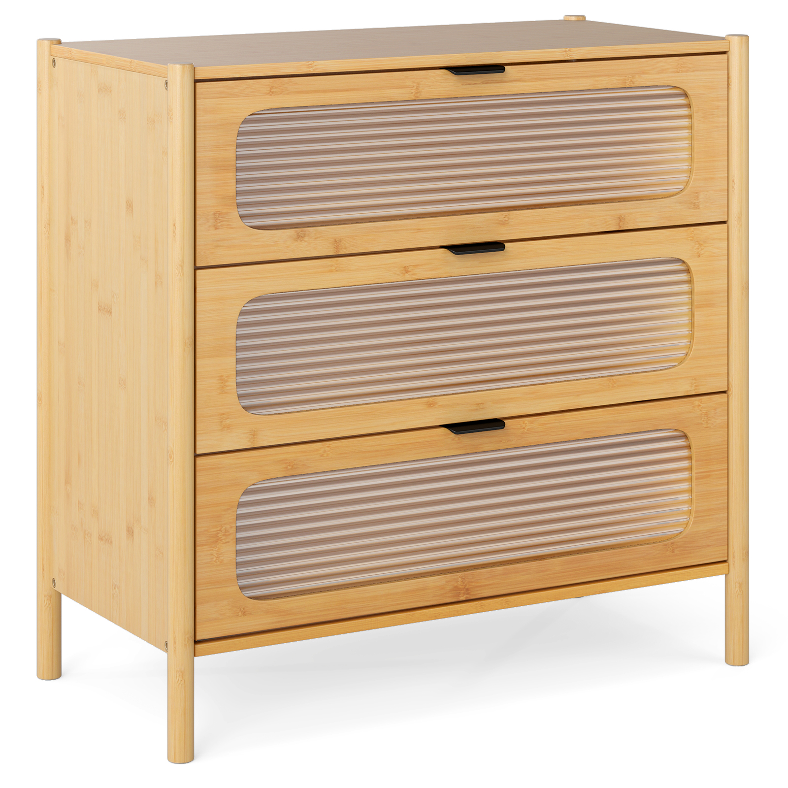 OUTGOO 3 Drawer Mid Century Modern Chest of Drawers with Reeded Tempered Glass Front