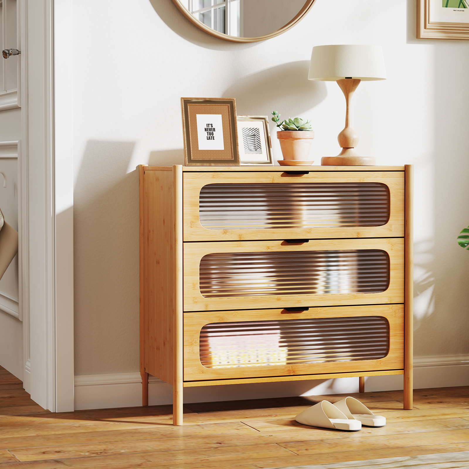OUTGOO 3 Drawer Mid Century Modern Chest of Drawers with Reeded Tempered Glass Front