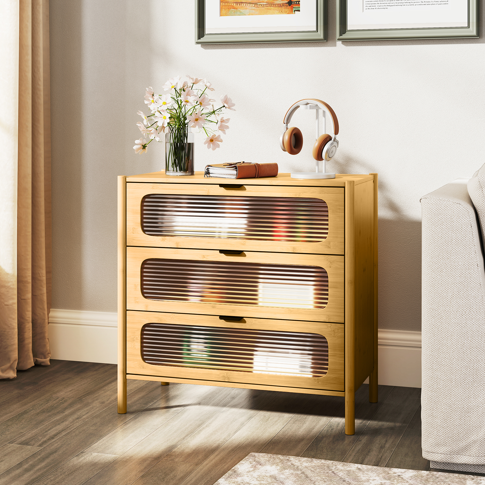 OUTGOO 3 Drawer Mid Century Modern Chest of Drawers with Reeded Tempered Glass Front