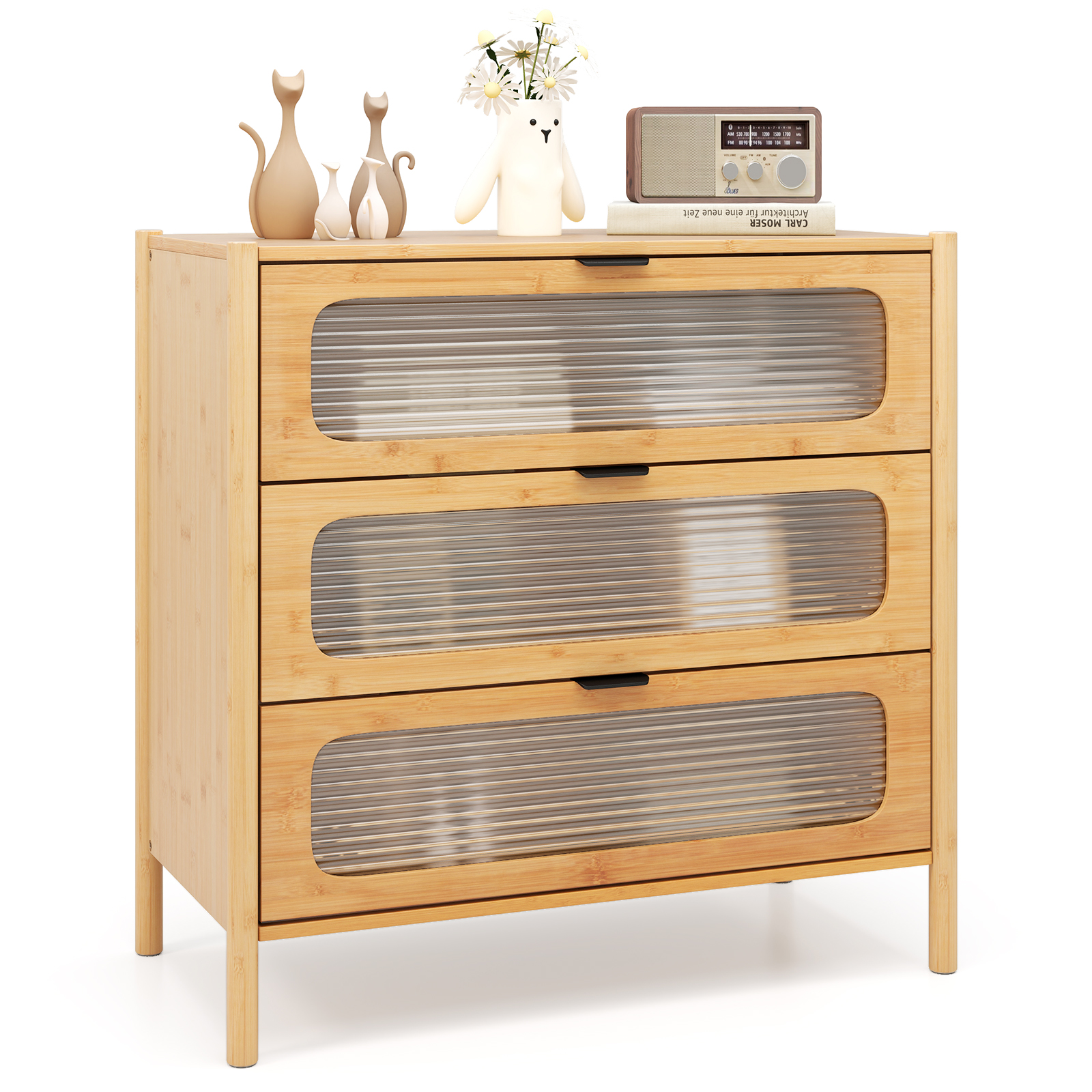 OUTGOO 3 Drawer Mid Century Modern Chest of Drawers with Reeded Tempered Glass Front