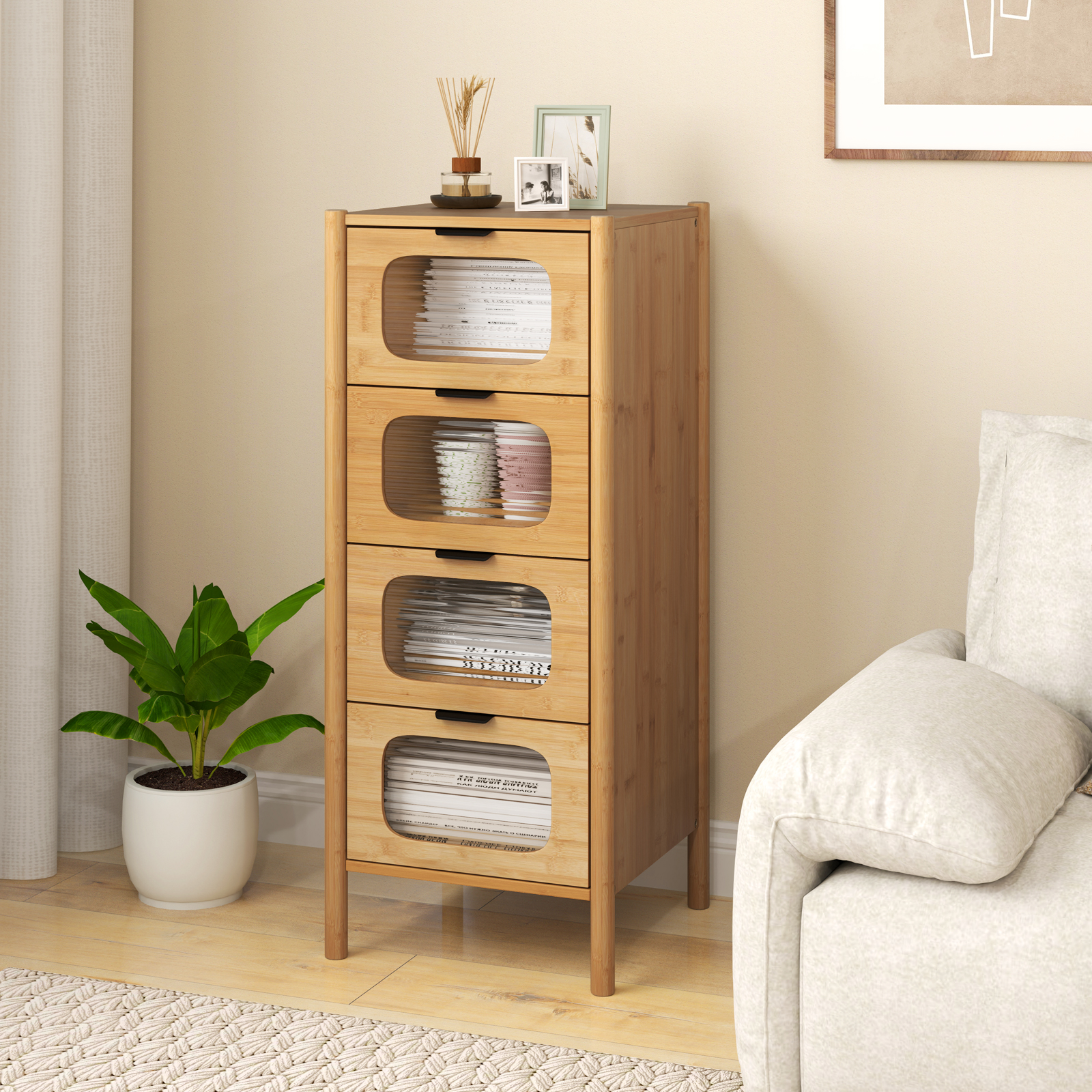 OUTGOO 4-Drawer Dresser Bamboo Storage Cabinet with Fluted Tempered Glass Drawers