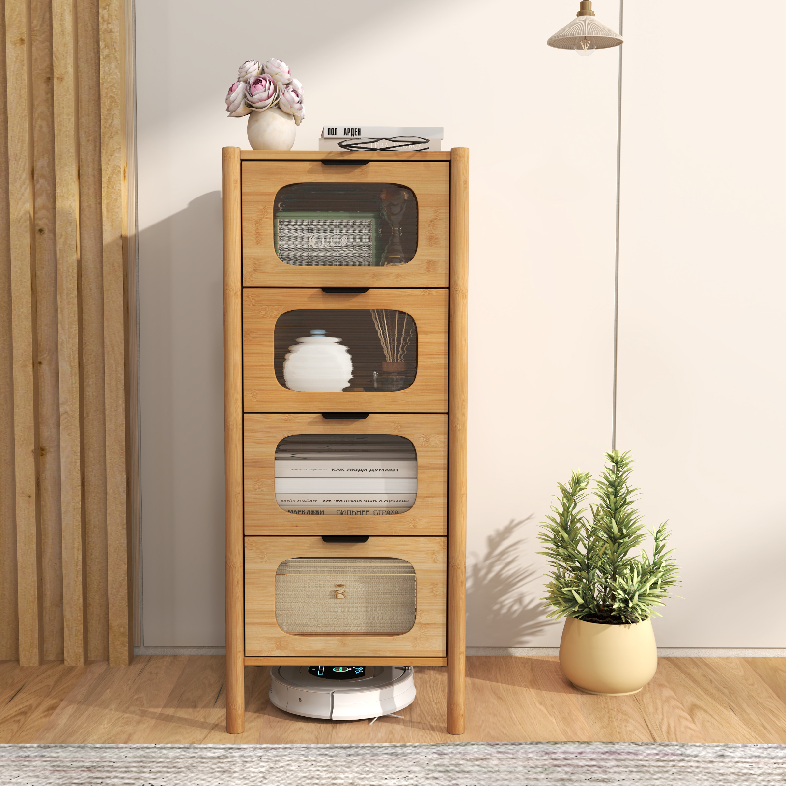 OUTGOO 4-Drawer Dresser Bamboo Storage Cabinet with Fluted Tempered Glass Drawers