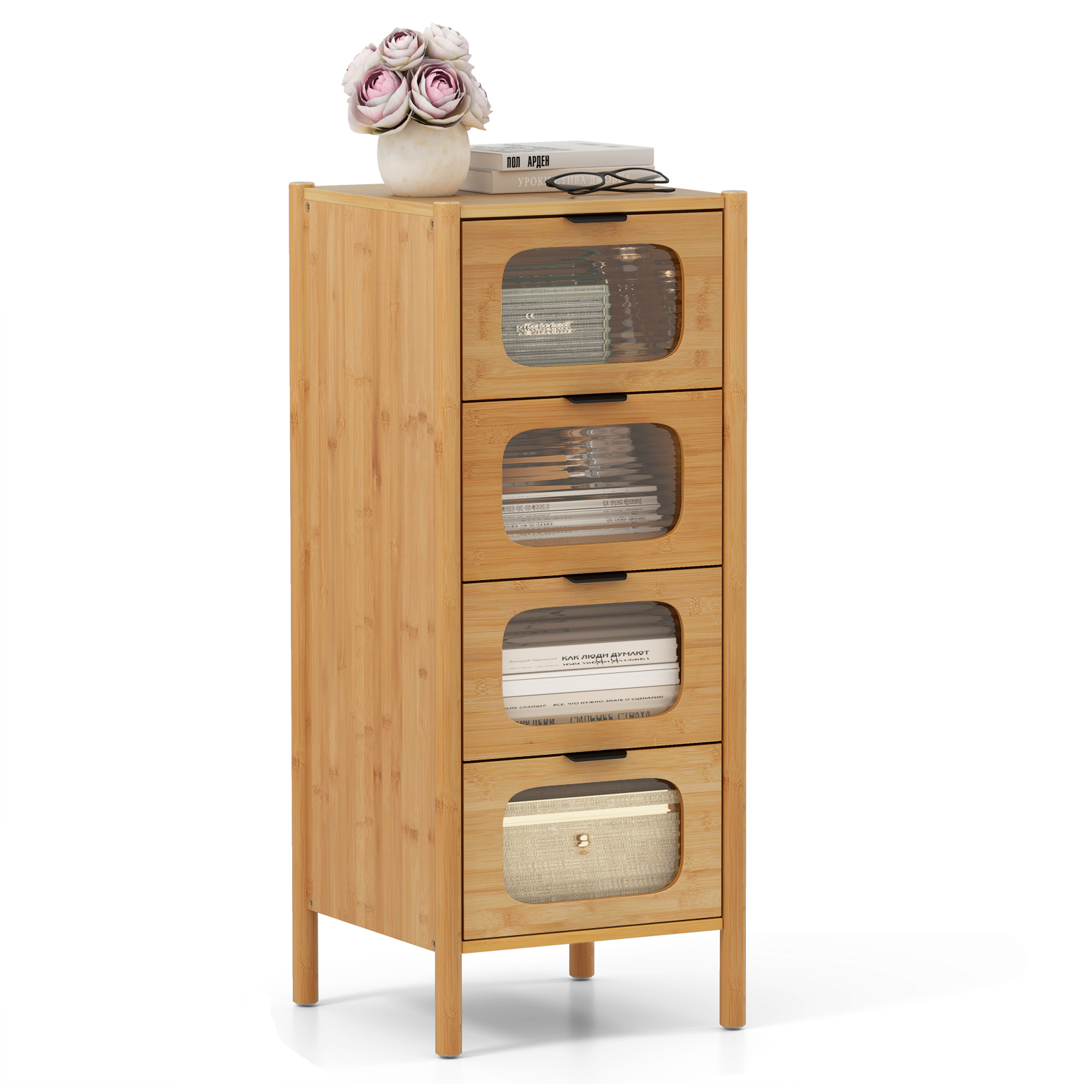 OUTGOO 4-Drawer Dresser Bamboo Storage Cabinet with Fluted Tempered Glass Drawers