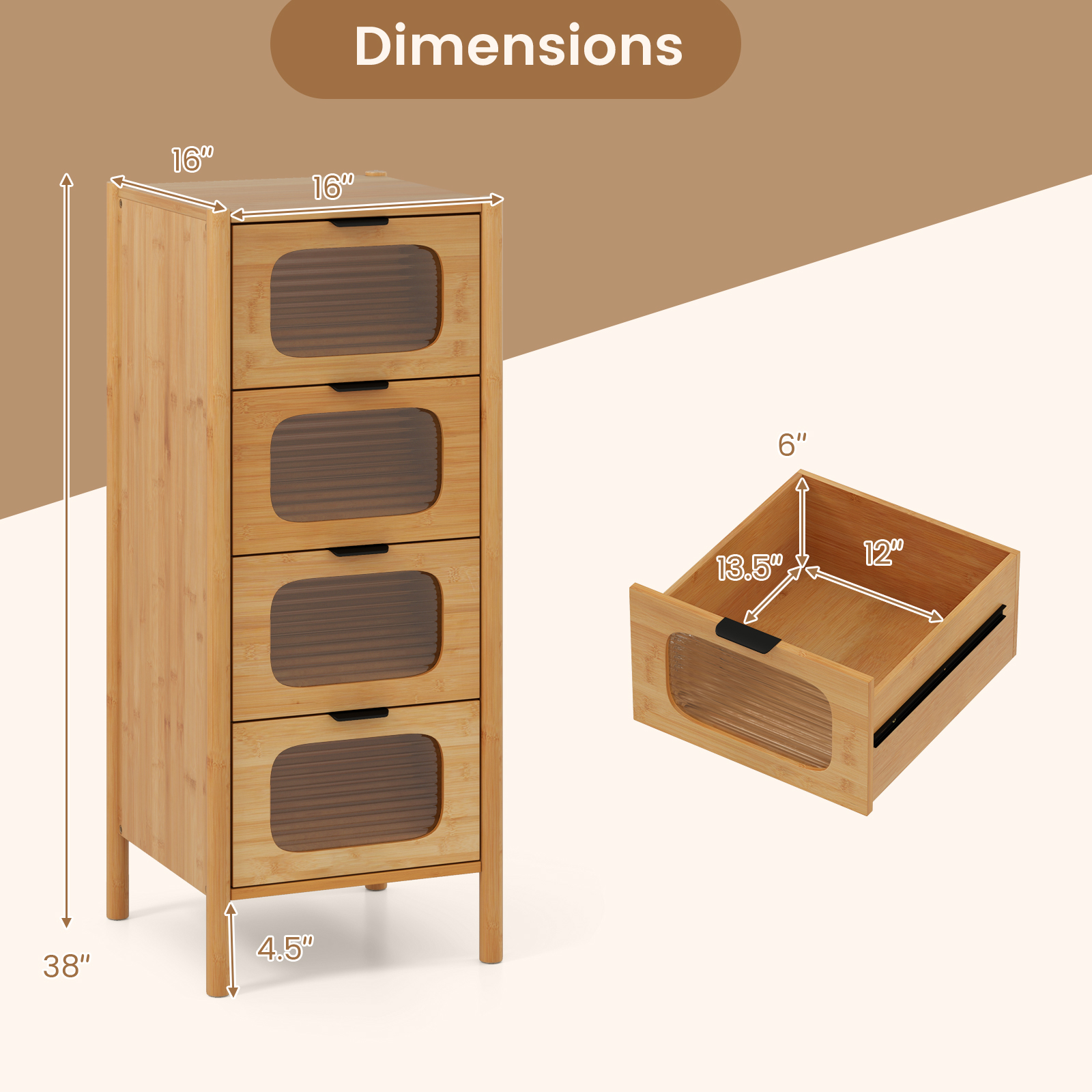 OUTGOO 4-Drawer Dresser Bamboo Storage Cabinet with Fluted Tempered Glass Drawers