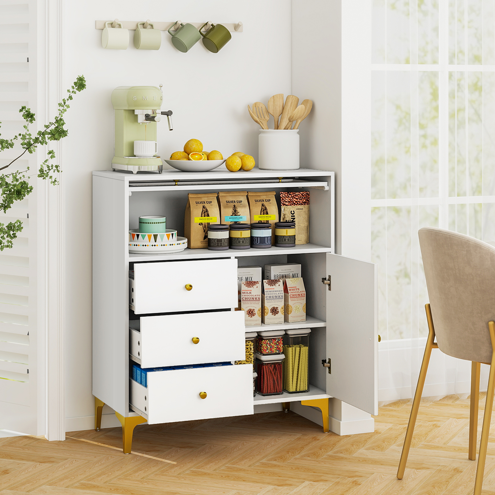 OUTGOO Chest of Drawers with Flip Up Fluted Glass Door for Bedroom Kitchen for Home, Patio, Outdoor and Everyday Use