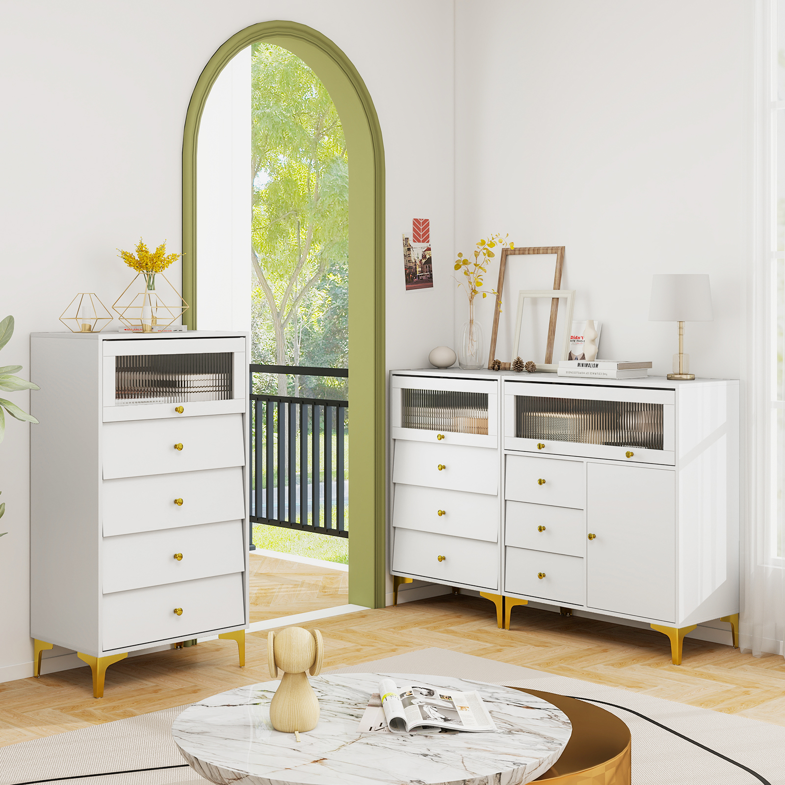 OUTGOO Chest of Drawers with Flip Up Fluted Glass Door for Bedroom Kitchen for Home, Patio, Outdoor and Everyday Use