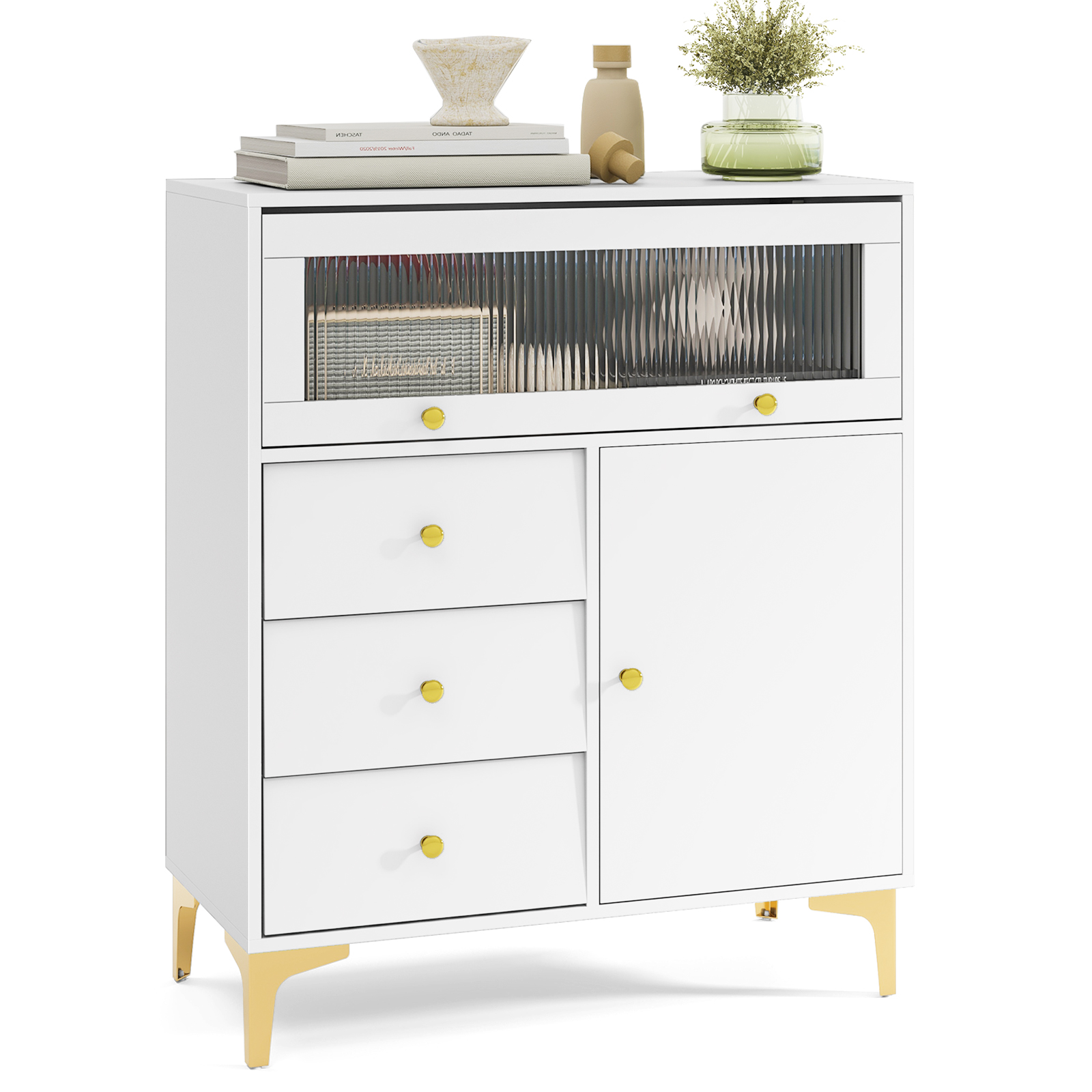 OUTGOO Chest of Drawers with Flip Up Fluted Glass Door for Bedroom Kitchen for Home, Patio, Outdoor and Everyday Use