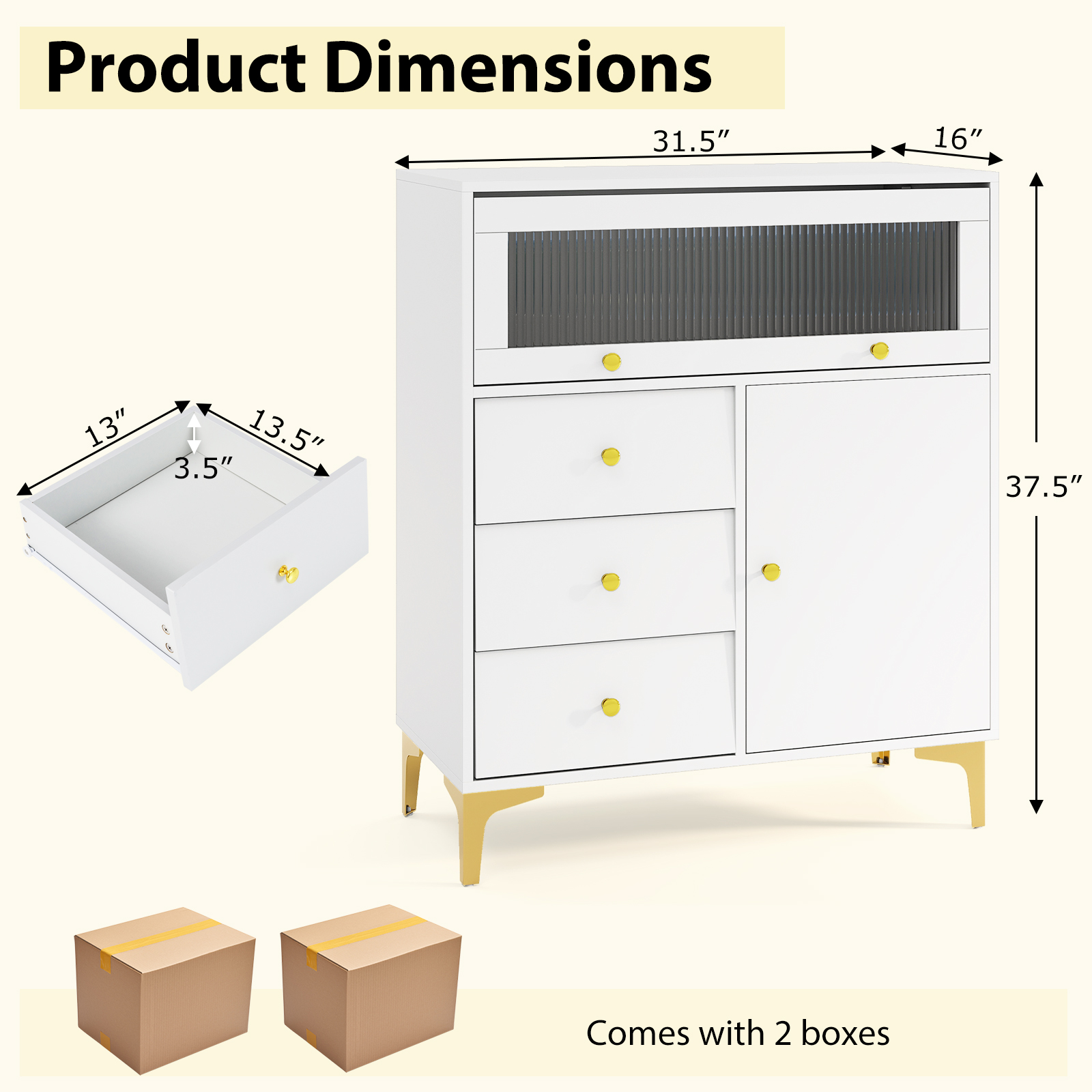 OUTGOO Chest of Drawers with Flip Up Fluted Glass Door for Bedroom Kitchen for Home, Patio, Outdoor and Everyday Use