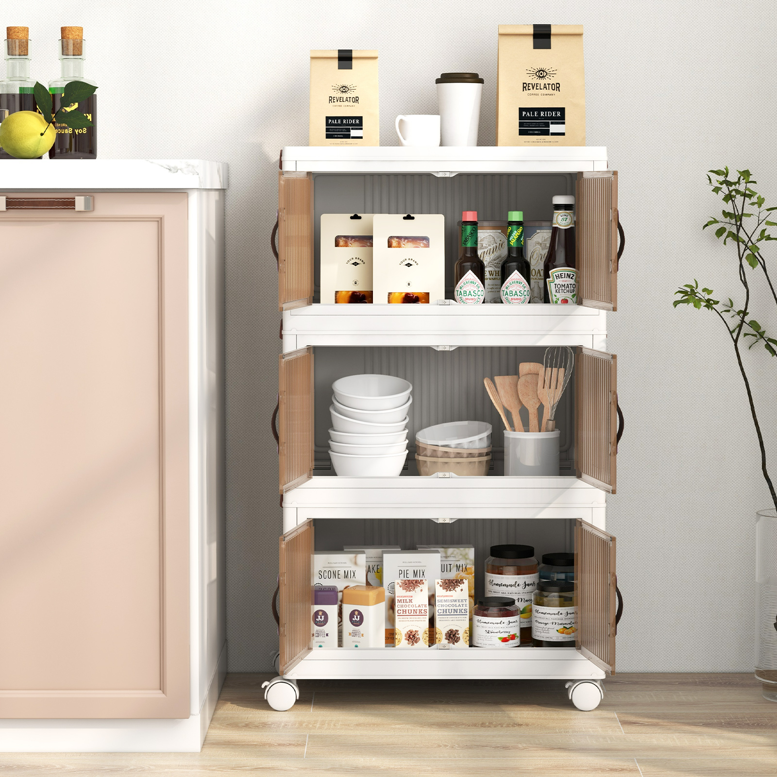 OUTGOO 25.5/60 Gal Stackable Storage Boxes Bins with Magnetic Doors and Lockable Casters
