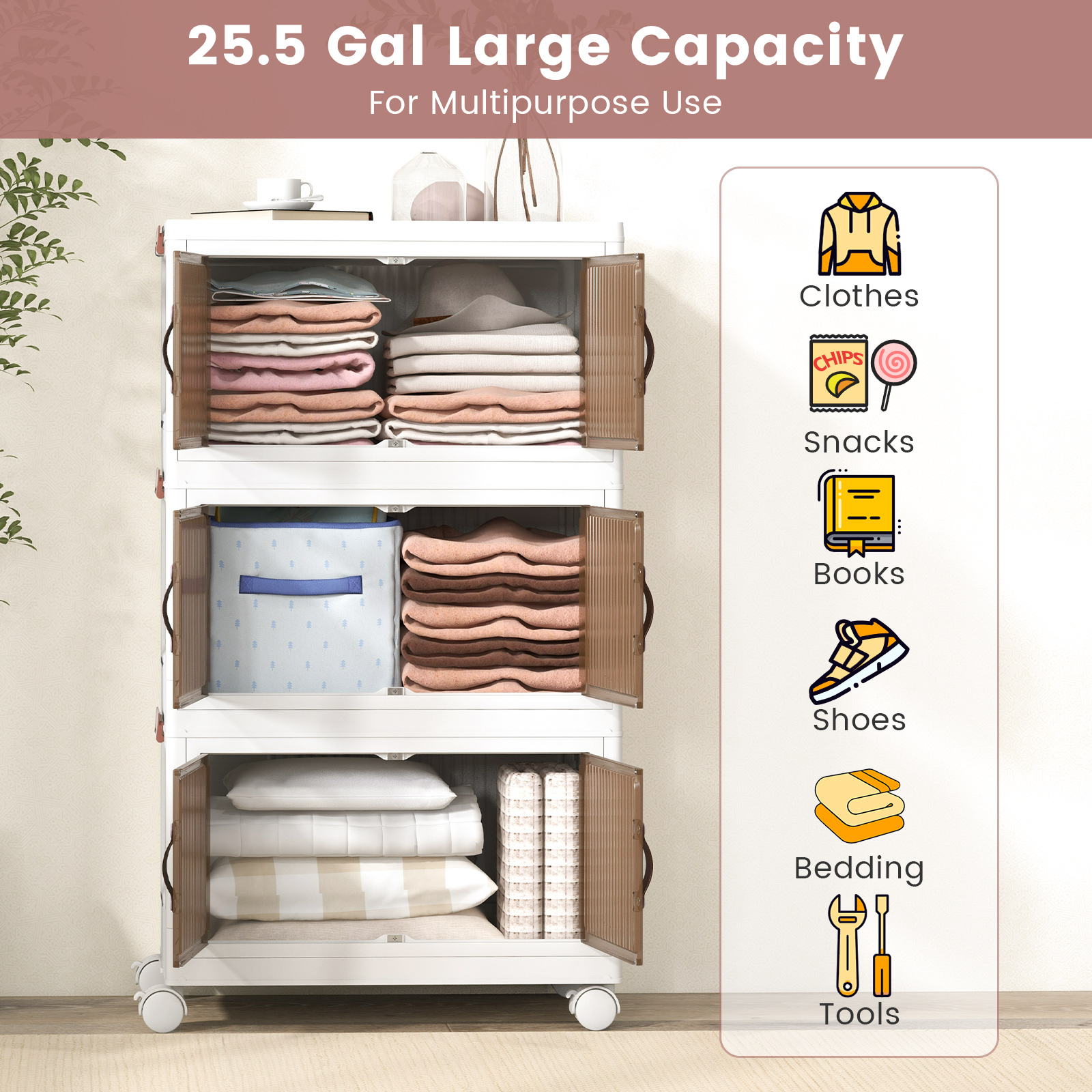 OUTGOO 25.5/60 Gal Stackable Storage Boxes Bins with Magnetic Doors and Lockable Casters