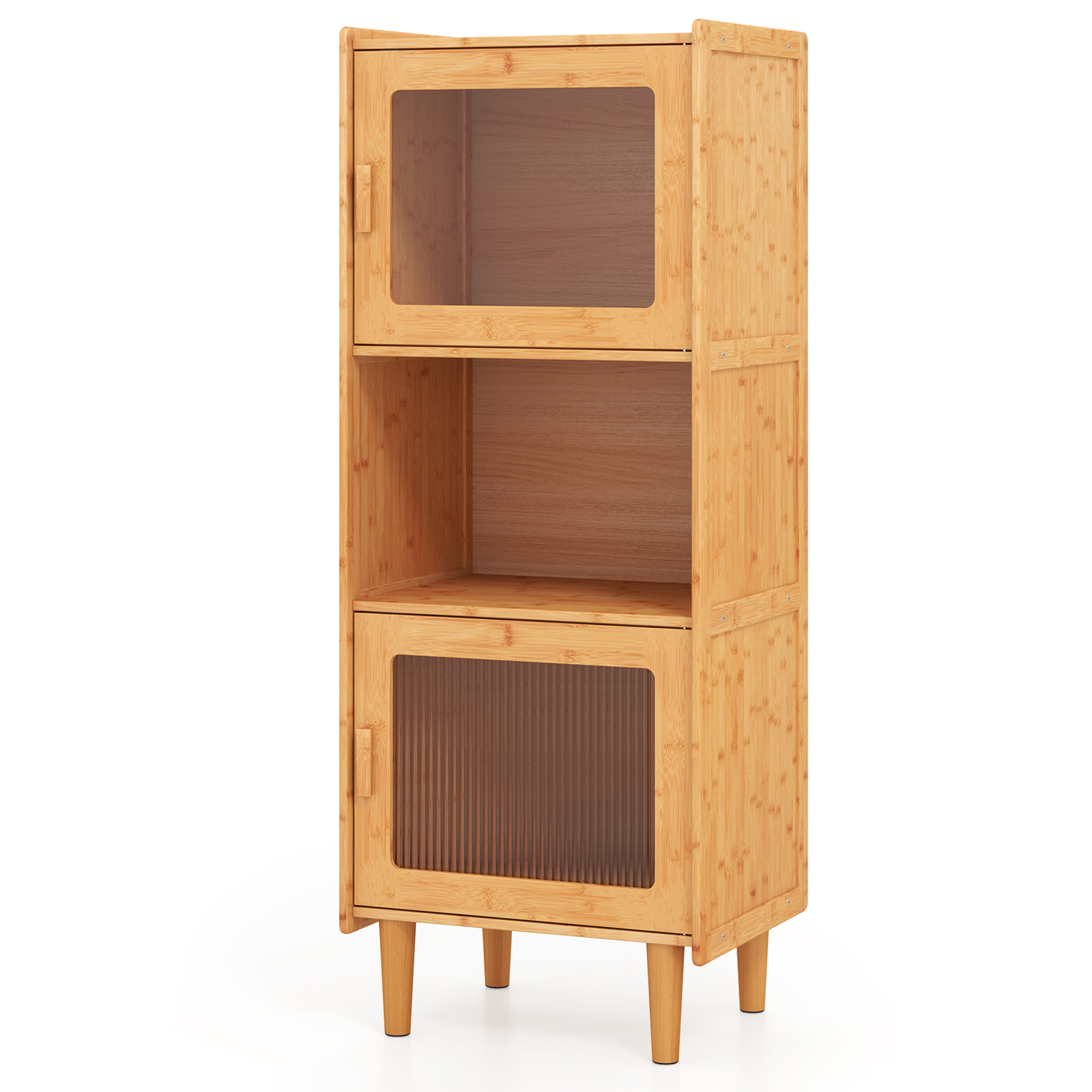 OUTGOO 3-Cube Bamboo Storage Cabinet with Open Compartment and 2 Acrylic Doors