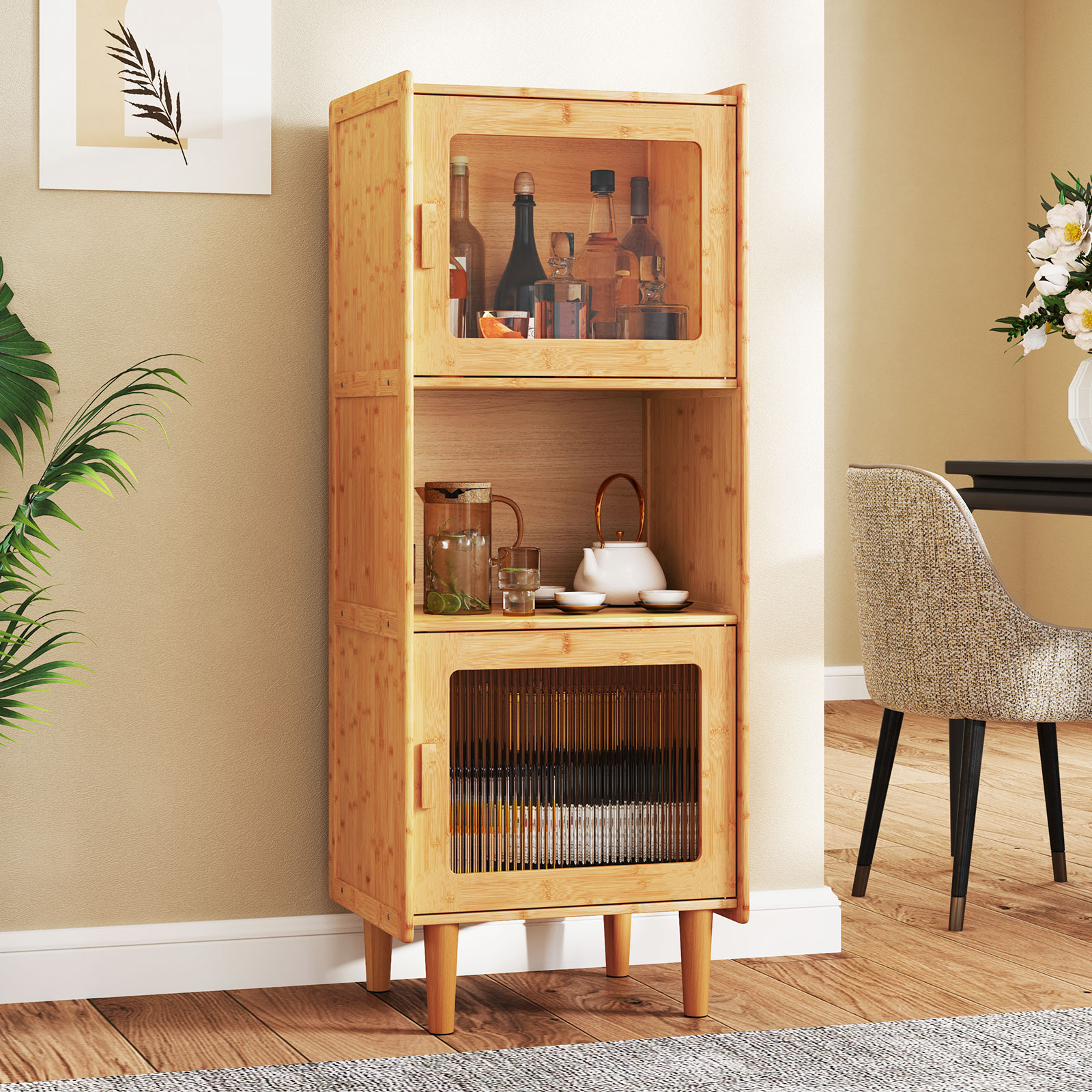 OUTGOO 3-Cube Bamboo Storage Cabinet with Open Compartment and 2 Acrylic Doors