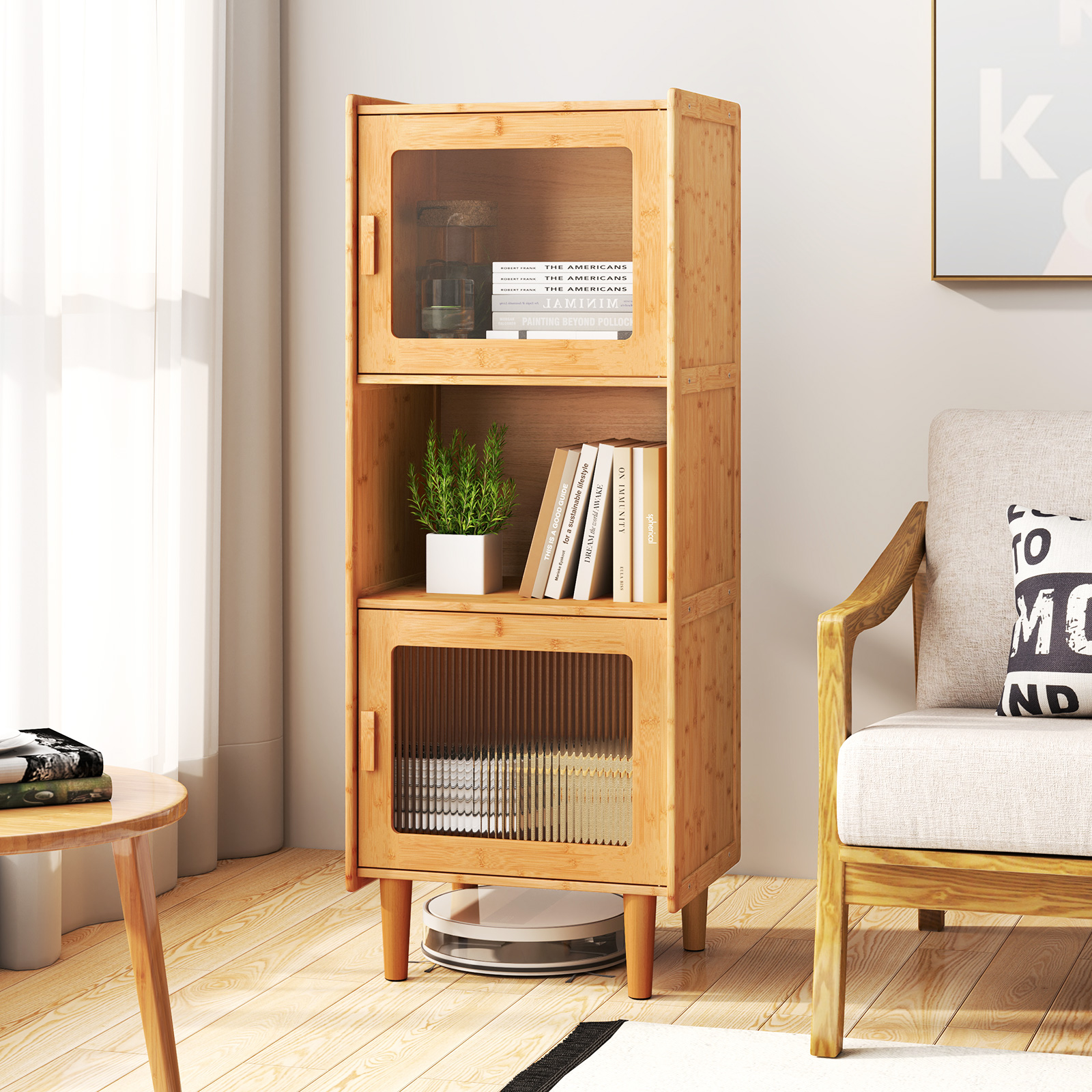 OUTGOO 3-Cube Bamboo Storage Cabinet with Open Compartment and 2 Acrylic Doors