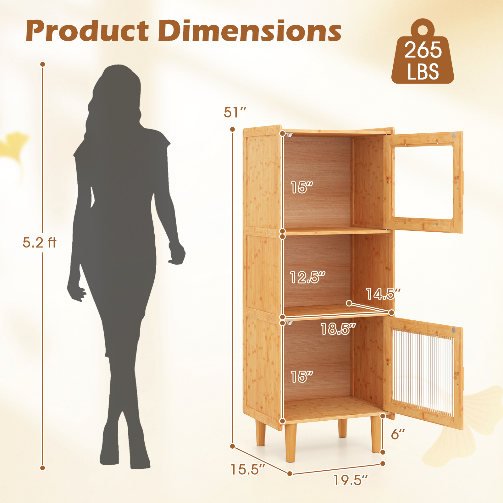 OUTGOO 3-Cube Bamboo Storage Cabinet with Open Compartment and 2 Acrylic Doors