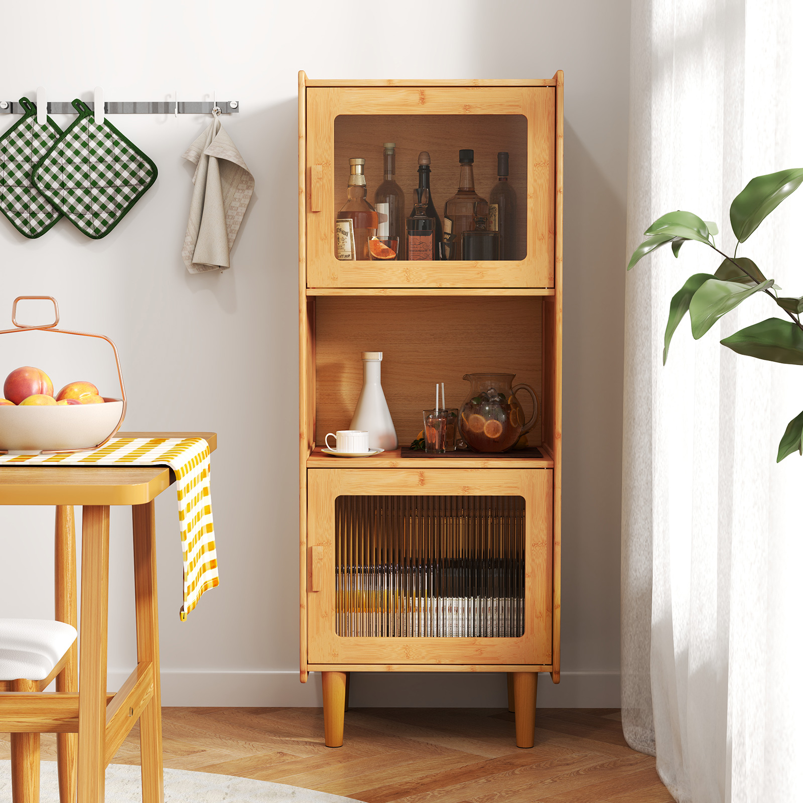 OUTGOO 3-Cube Bamboo Storage Cabinet with Open Compartment and 2 Acrylic Doors