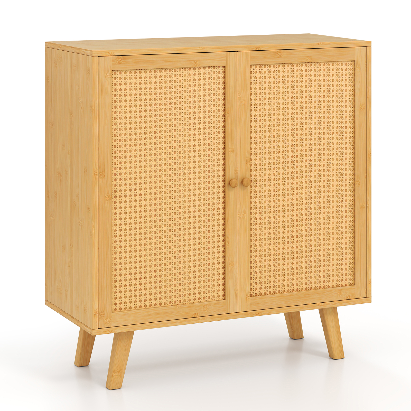 OUTGOO Bamboo Buffet Storage Cabinet with PE Rattan Doors and Freestanding Kitchen Cupboard