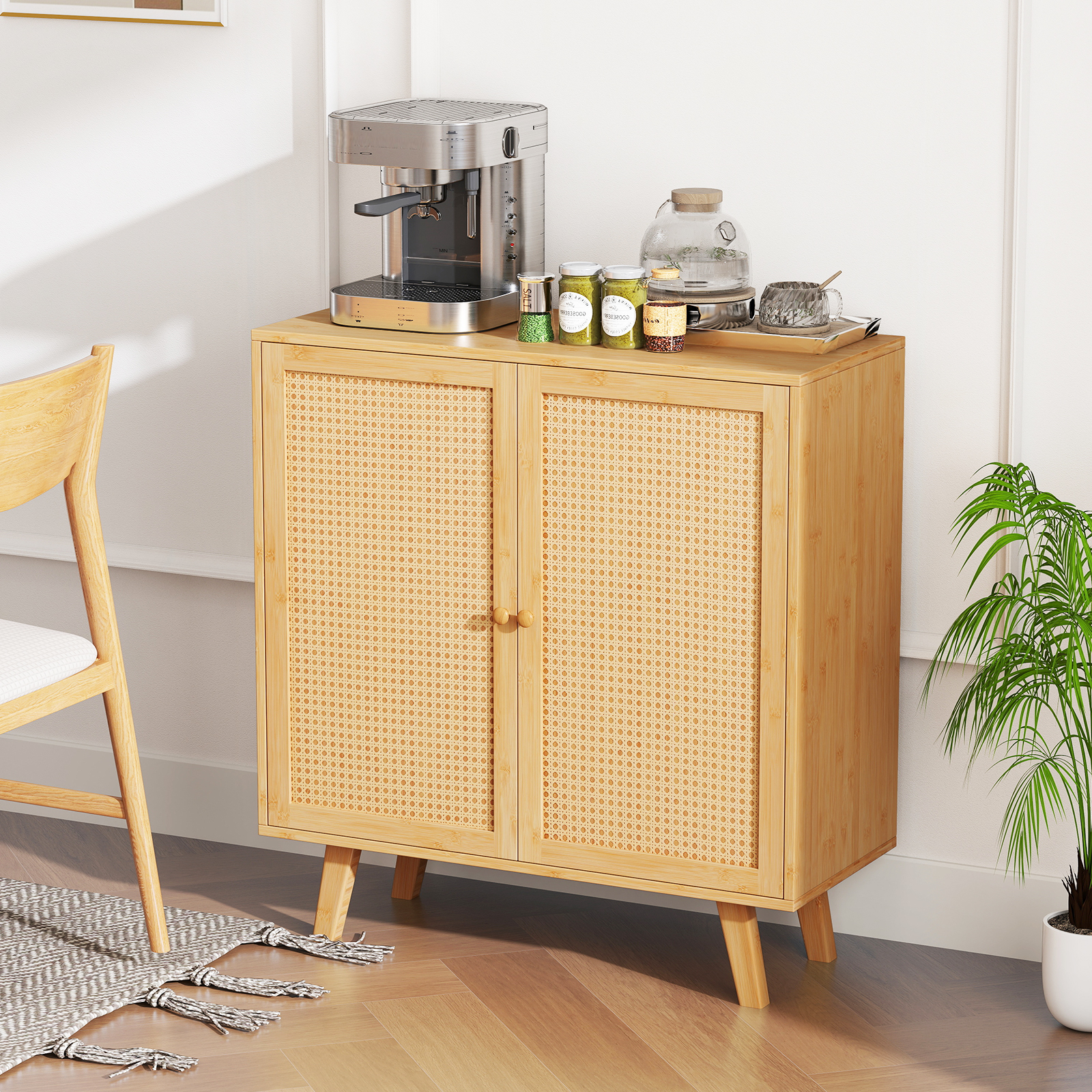 OUTGOO Bamboo Buffet Storage Cabinet with PE Rattan Doors and Freestanding Kitchen Cupboard