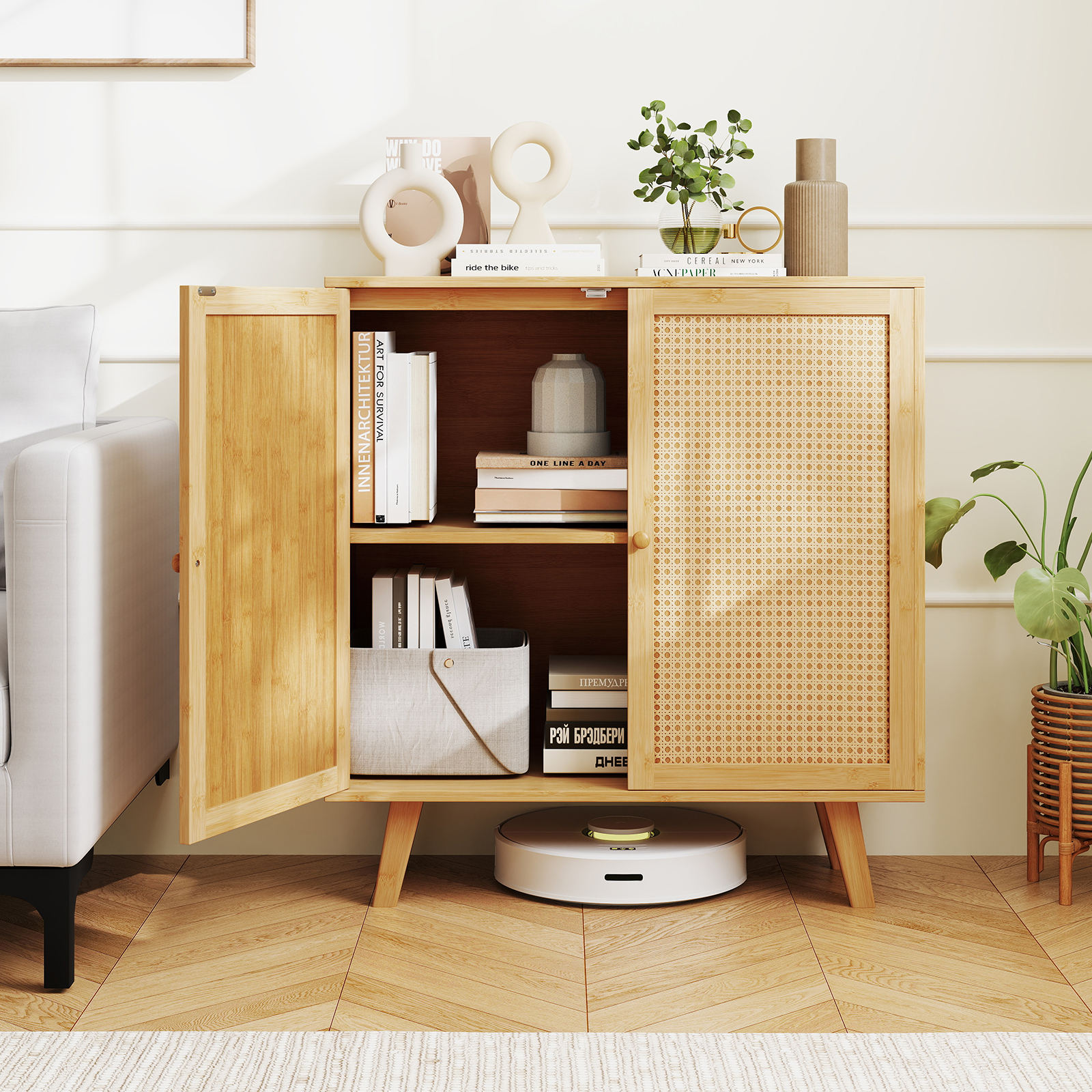 OUTGOO Bamboo Buffet Storage Cabinet with PE Rattan Doors and Freestanding Kitchen Cupboard