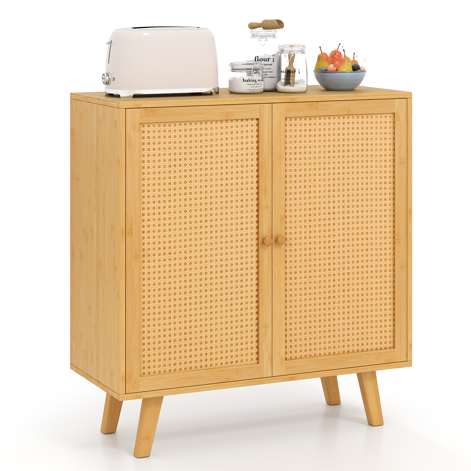 OUTGOO Bamboo Buffet Storage Cabinet with PE Rattan Doors and Freestanding Kitchen Cupboard